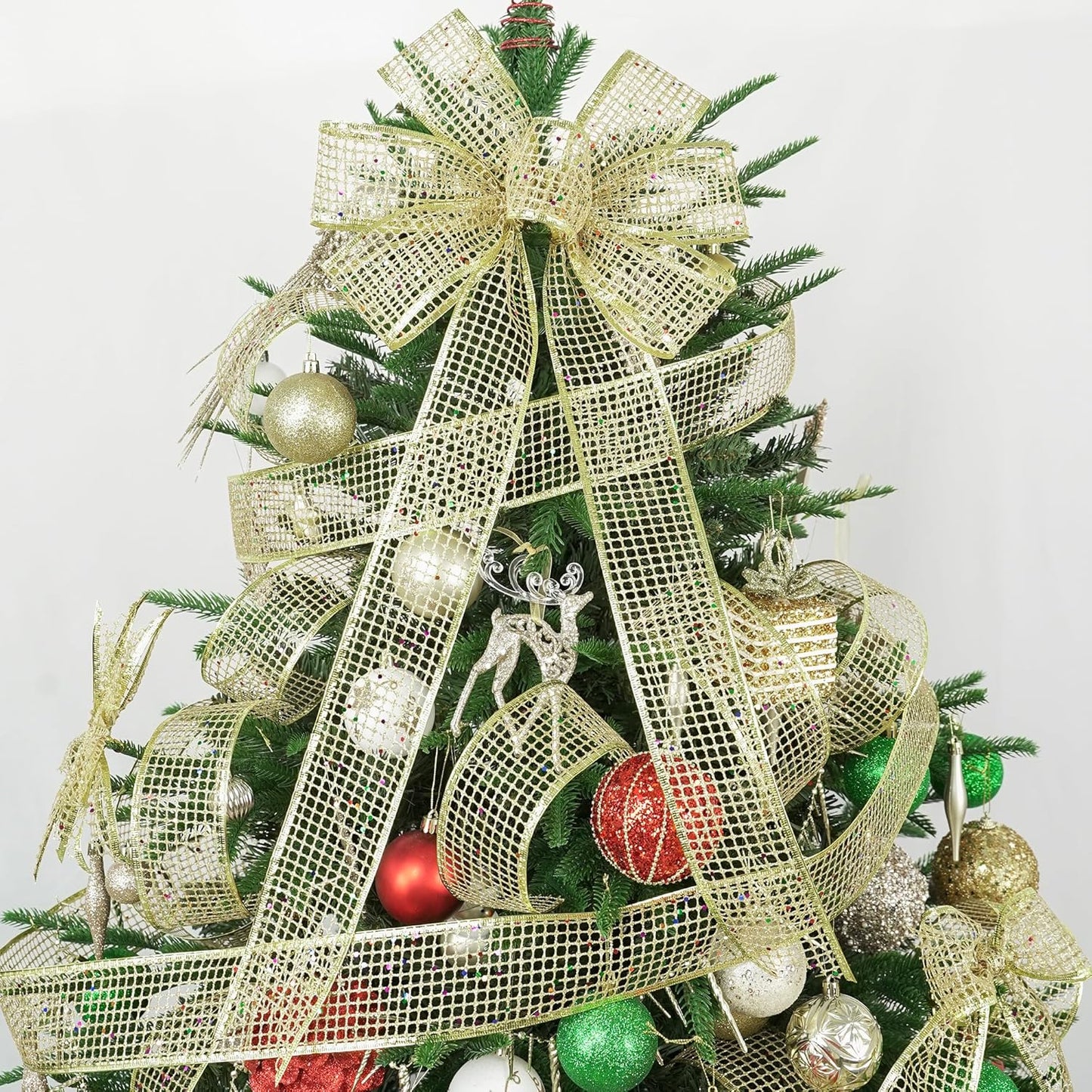 MEEDEE Gold Glitter Ribbon Gold Christmas Ribbon 2.5 Inch Square Mesh Net Wired Ribbon with Rainbow Sparkle Gold Wired Ribbon Gold Ribbon for Christmas Tree Decoration, Wreath Bow Making (10 Yards)