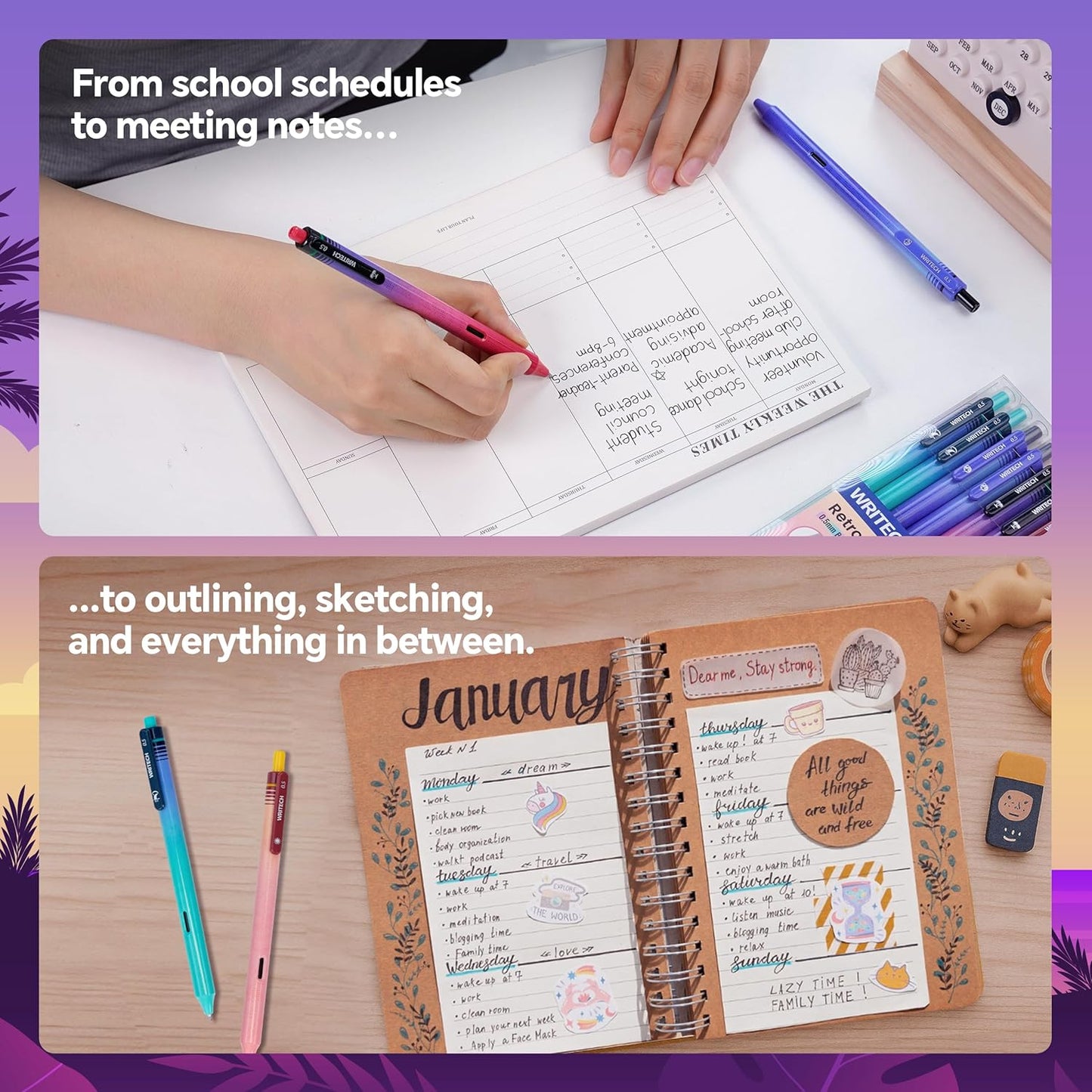 WRITECH Black Ink Gel Pens: 8-Pack Retrowave 0.5mm Fine Point Pens - Smooth Writing Silent Clicker and Refillable Perfect for School Office & Everyday Use.