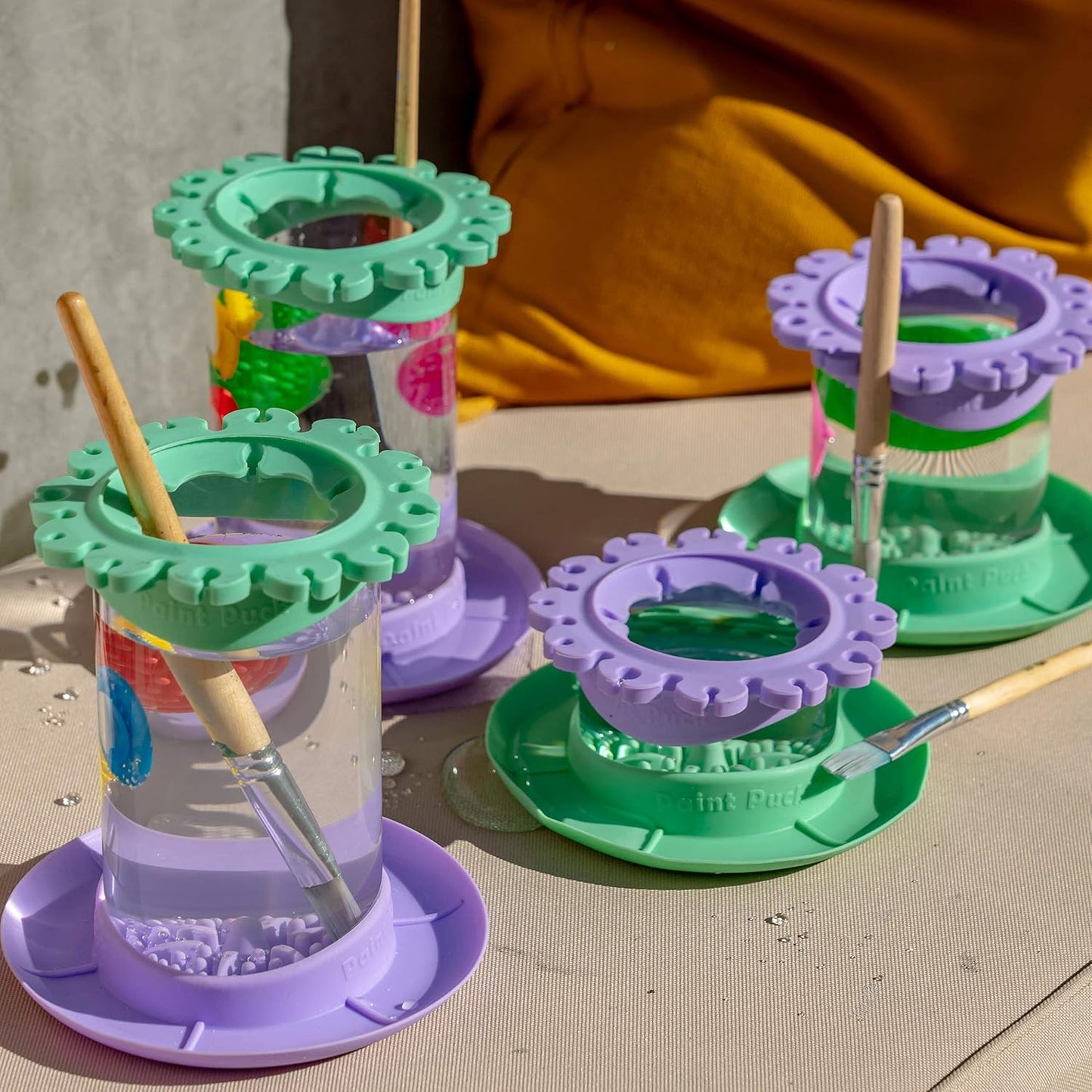 Paint Puck Ultimate Rinse Cup Paint Brush Cleaner (Green, Jar) – Non-Spill Paint Water Cup & Brush Cleaner with Brush Holder, Squeegee Lips & Drip Tray for Acrylic, Watercolor & Art Supplies