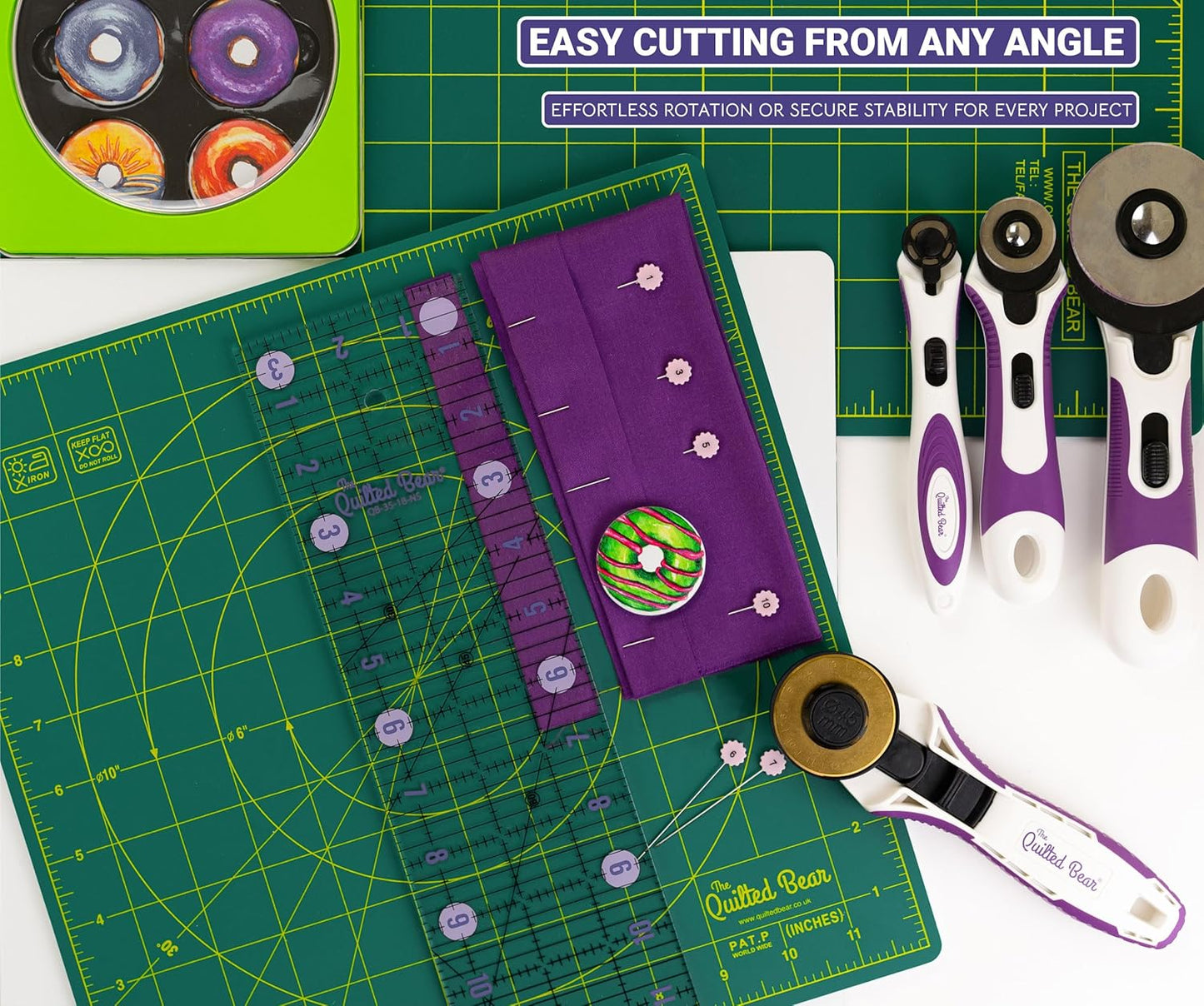The Quilted Bear Rotating Cutting Mat 7" x 7" - Locking & Rotating Self Healing Cutting Board for Sewing, Fabric & Effortless Quilting - 360 Degree Sewing Supplies Mat for Craft Table (Green)