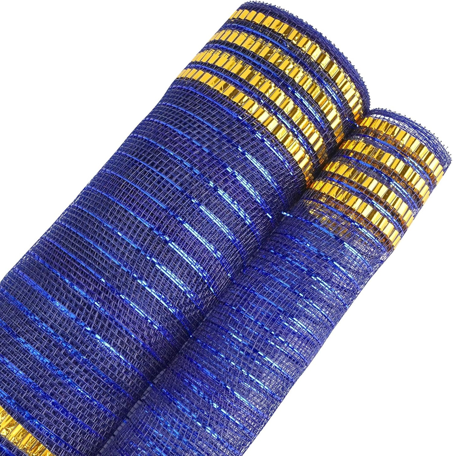 MEEDEE Navy Deco Mesh 10 Inch Deluxe Wide Foil Gold Border Mesh Metallic Mesh Fabric Navy Blue & Gold Mesh Ribbon for Christmas Tree, Wreaths, Garland, Gift Wrapping, Bows Making (30 Feet)