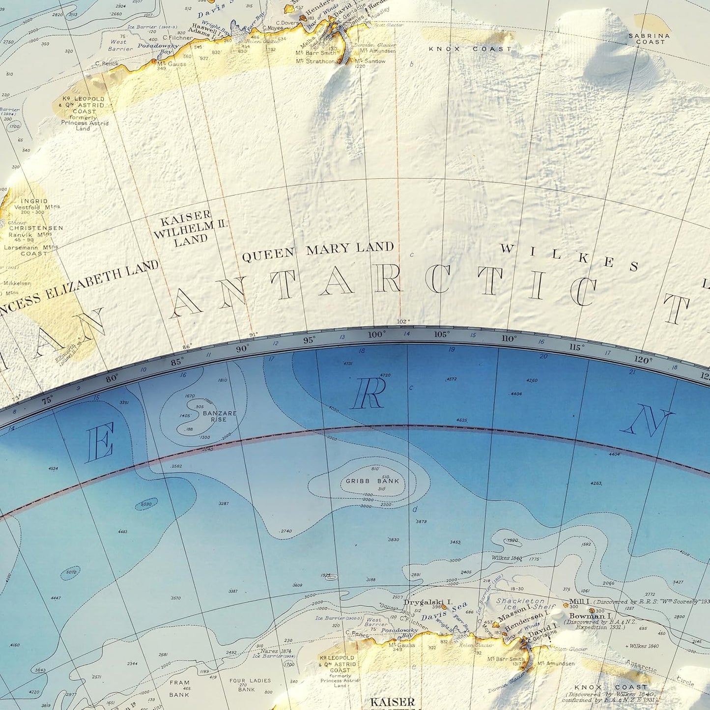 Muir Way Shaded Relief Elevation Map of Antarctica - Vintage-Style Topographic Wall Art with Map Look - Unframed Flat Paper Print, 28x36