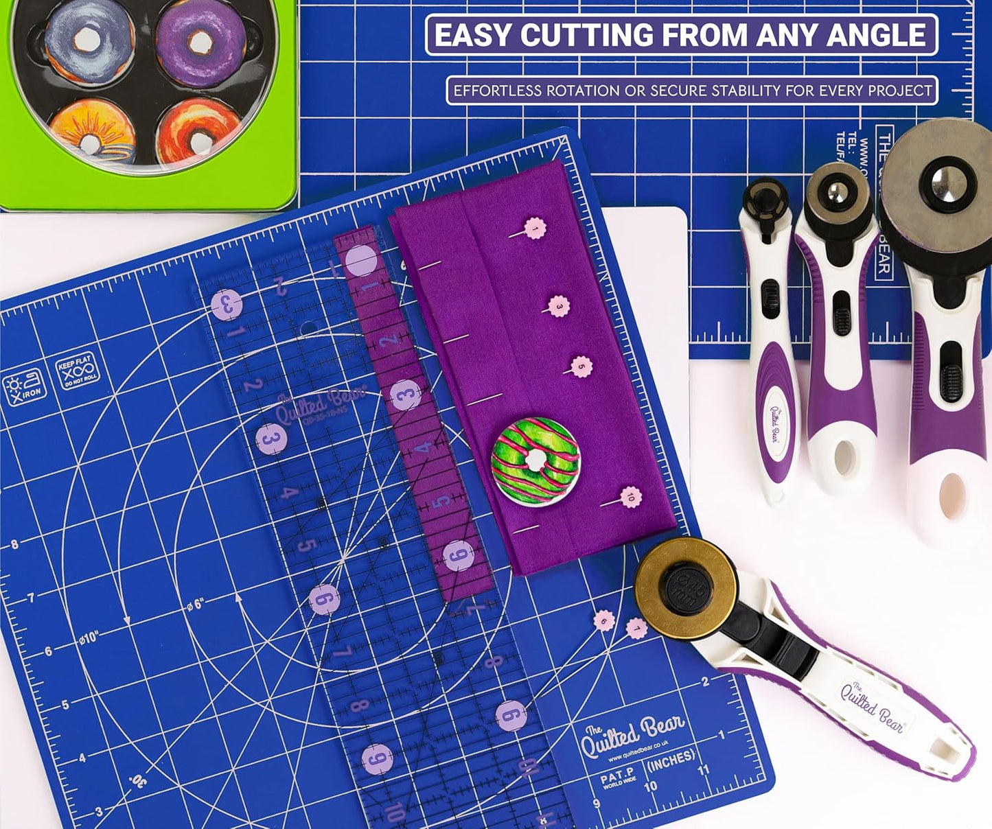 The Quilted Bear Rotating Cutting Mat 18" x 18" - Locking & Rotating Self Healing Cutting Board for Sewing, Fabric & Effortless Quilting - 360 Degree Sewing Supplies Mat for Craft Table (Blue)