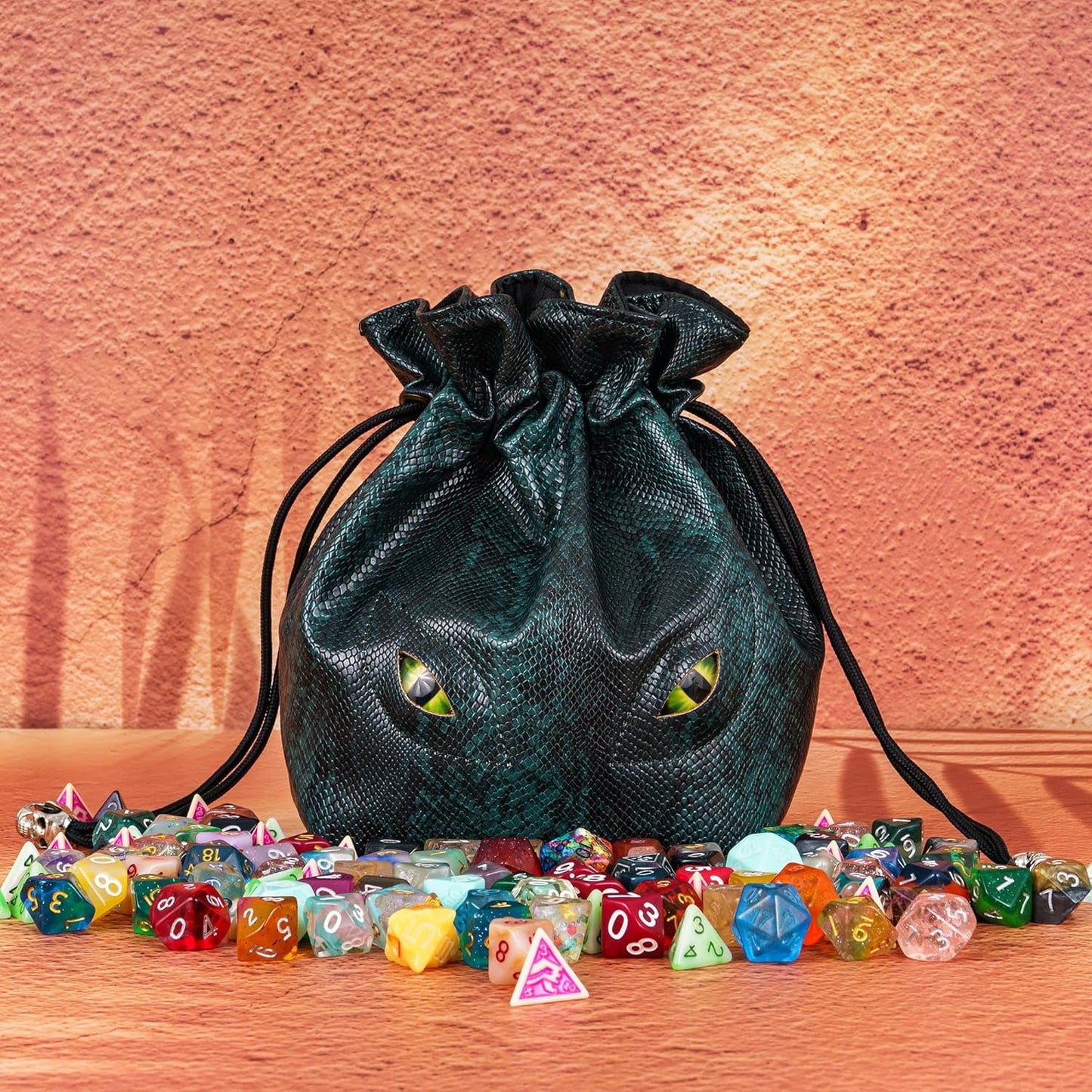 Large DND Dice Bag Leather Dice Storage Bag Dark Green D&D Drawstring Pouch with Pockets for RPG Table Games - Can Hold 200+ Polyhedral Dice