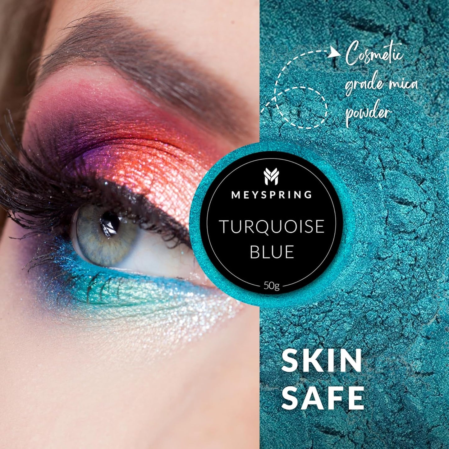 MEYSPRING Turquoise Blue Mica Powder - 50g - Epoxy Resin Color Pigment - Teal Mica Powder for Resin Ocean Art, River Tables, Woodworking - Cosmetic Grade