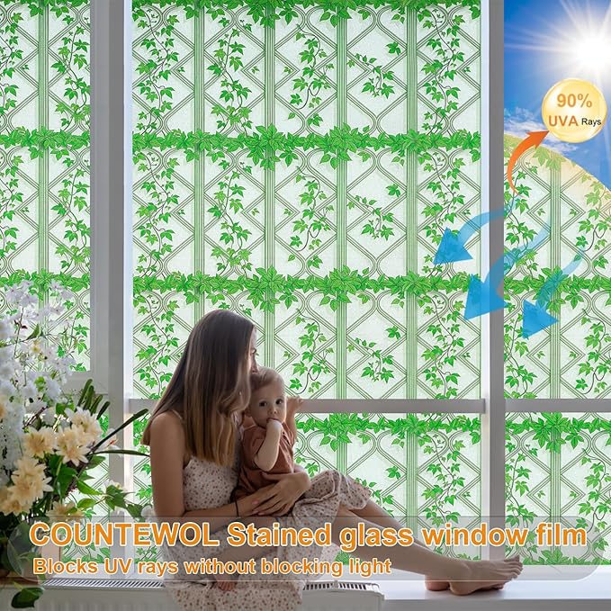Frosted Glass Window Privacy Film with Installation Tools Removable Peep-Proof Static Cling Heat Control UV Protection Ideal for Home Office Bathroom Door(Frosted Ivy, 35.4 x 78.7 Inch)