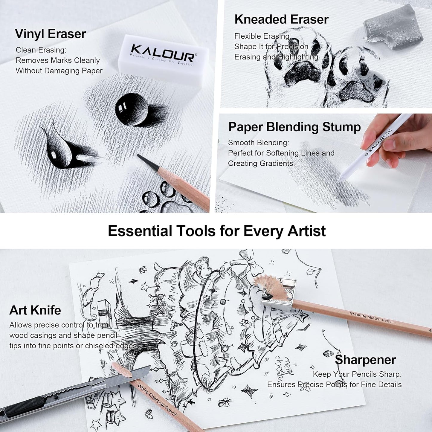 KALOUR 28 Pro Sketching Drawing Pencils Set – 14 Graphite Pencils (14B–5H), Charcoal Pencils, Erasers, Sharpener & Stumps – Complete Art Kit for Artists & Beginner