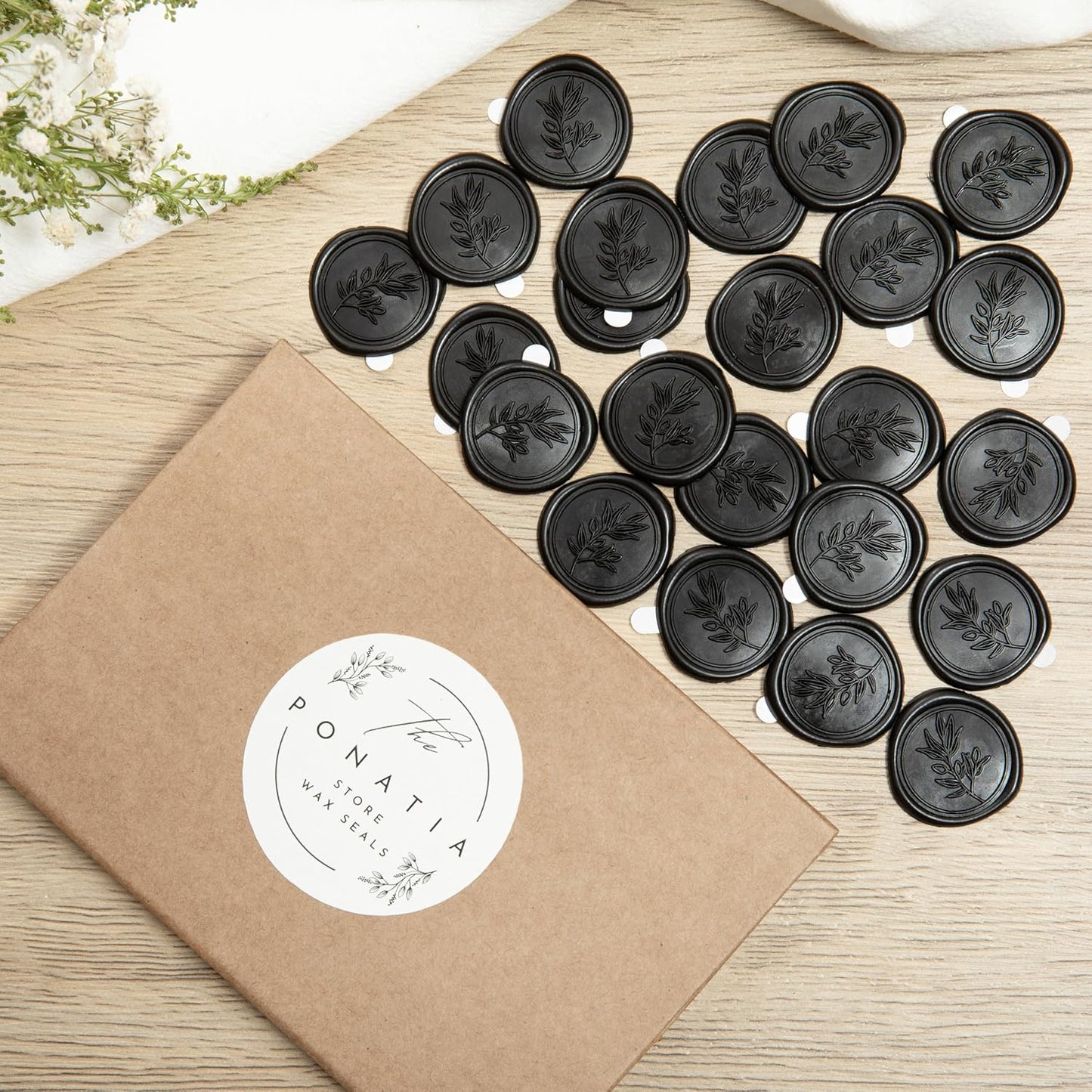 PONATIA Black Wax Seal Stickers - Wedding Invitation Seal Stickers, 50 Pcs Self- Adhesive Wax Seals, Perfect for Invitation Cards, Envelopes Christmas Cards, Gift Wrapping, Party Menu Decor