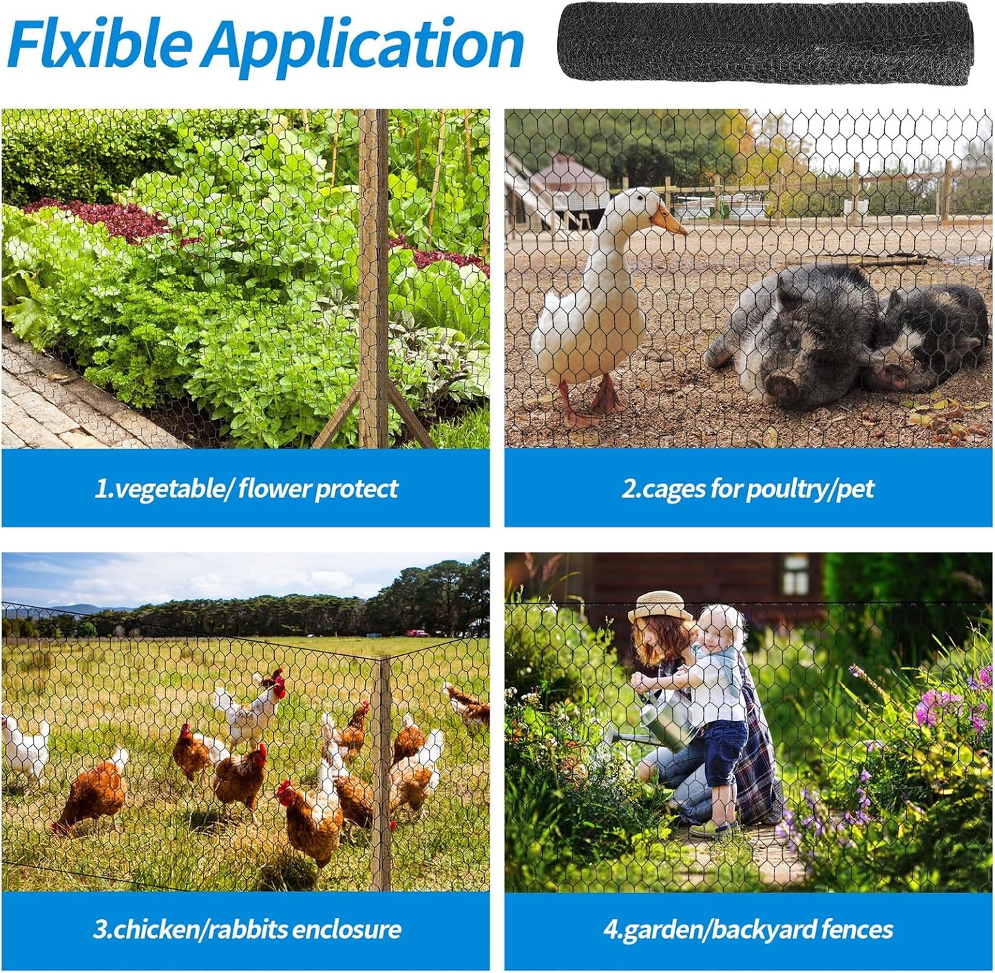 36'' x 150' Black Chicken Wire Mesh Fence, 20 Gauge Galvanized Poultry Netting and 1 inch Garden Mesh Fence Roll, Chicken Wire for Floral Arrangements/Crafts/Farm/Livestock/Pet Protection