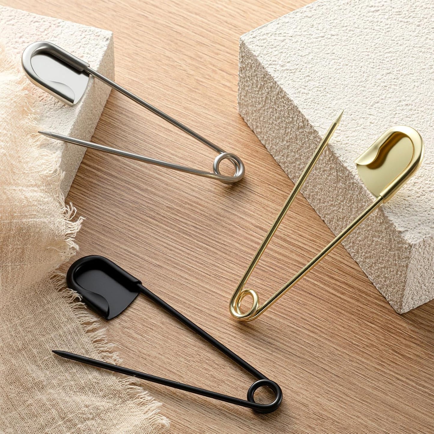 Juexica 10 Pcs 5 Inch Jumbo Stainless Steel Safety Pins Large Heavy Duty Huge Strong Laundry Pins for Upholstery Sewing Quilting Key Rings Craft Outdoor (Black,Silver,Gold)