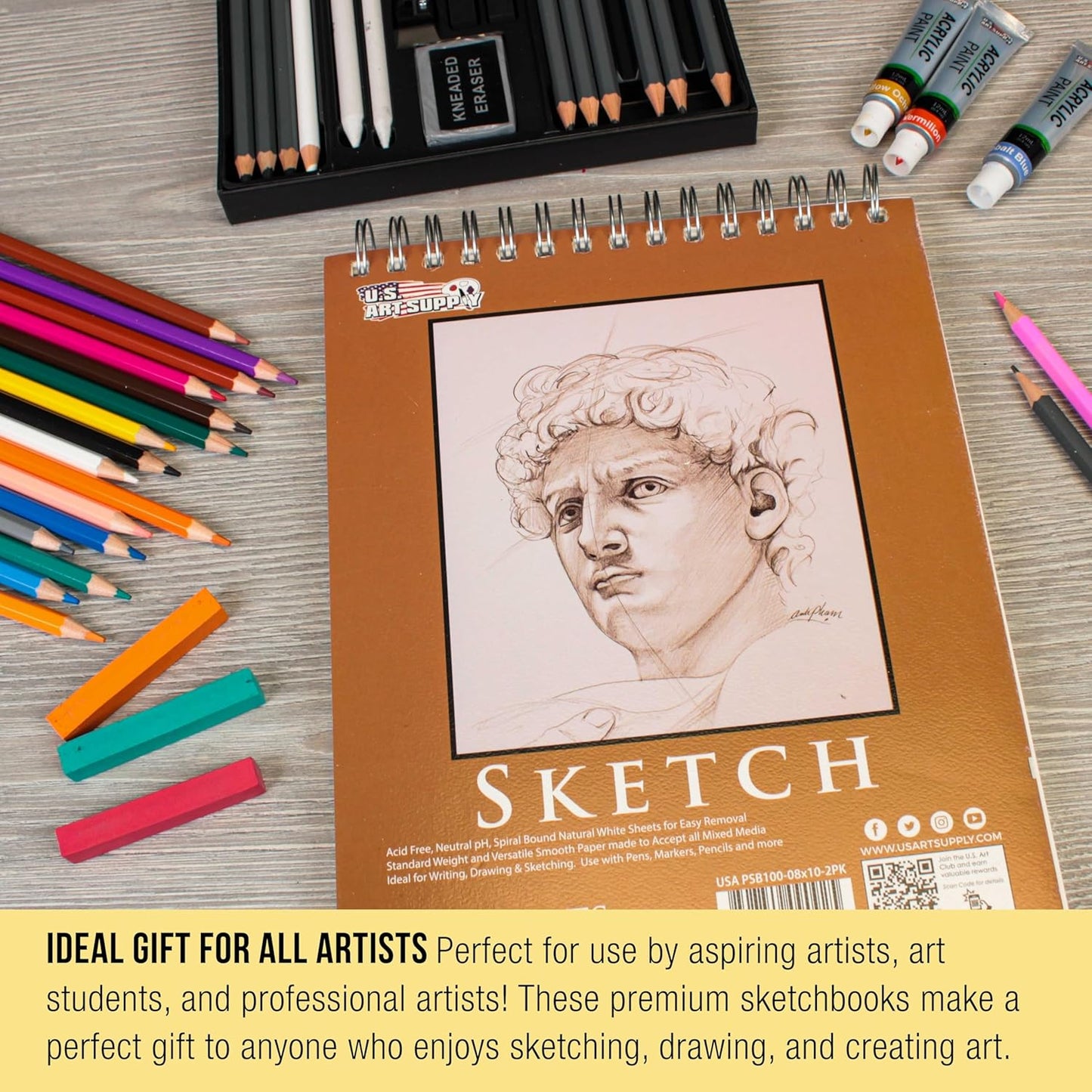 U.S. Art Supply 8"x10" Top Spiral Bound Sketch Book, 2 Pack, 100 Sheets Each, 60lb (100gsm), Acid-Free, Artist Sketchbook, Drawing Pad for Adults & Students