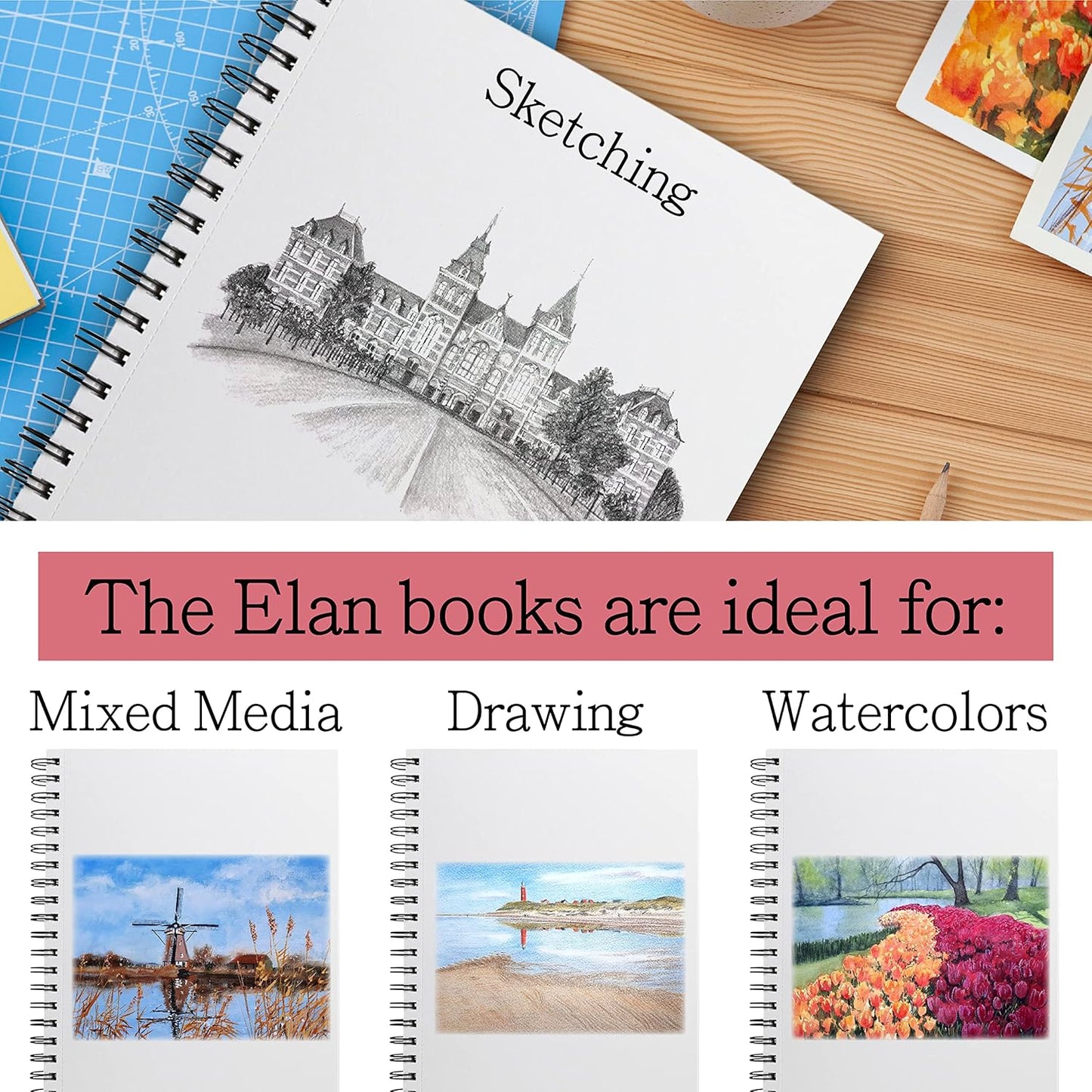 Elan A5 Sketchbook, 80 Sheets Italian Paper 80 lb/120 GSM, Acid-Free Sketch Book 8.3x5.8 Inch, White Drawing Paper Pad, Spiral Bound Sketchbook A5