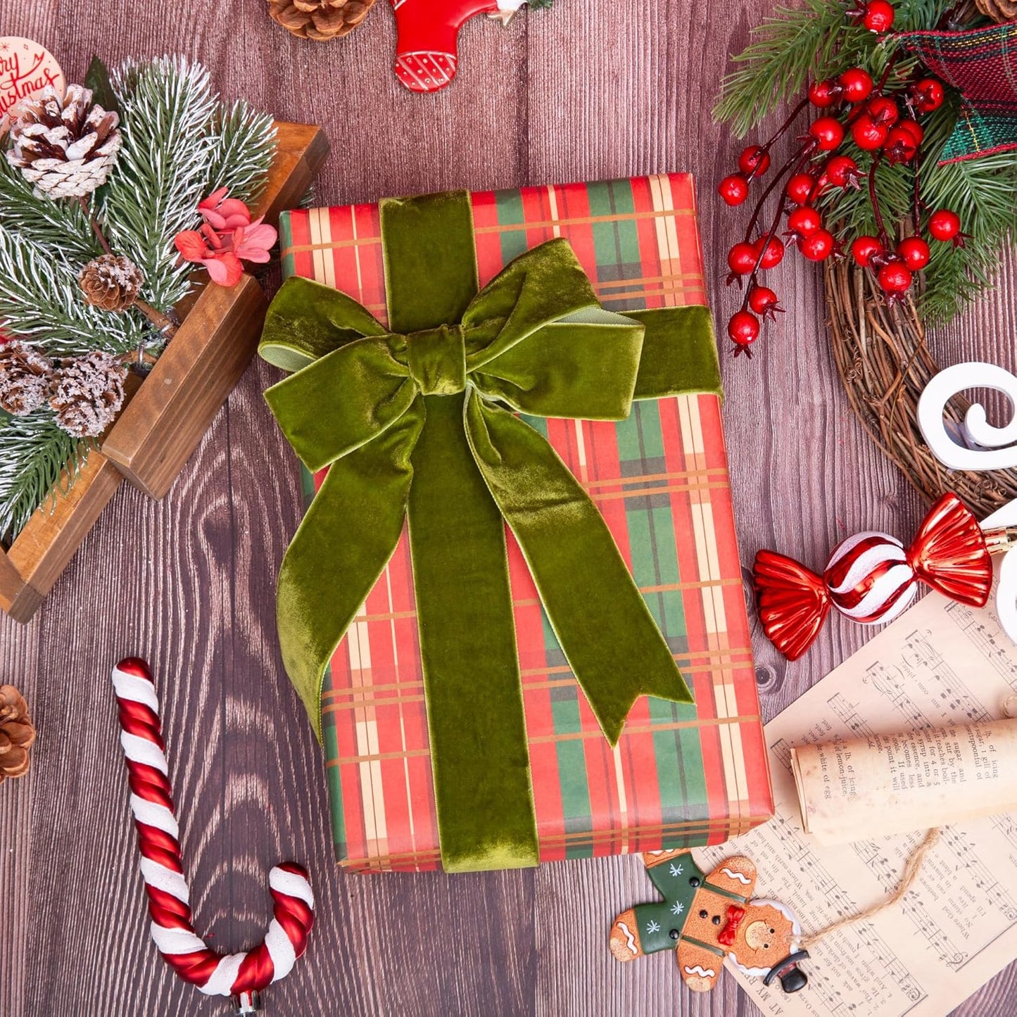 Vintage Moss Green Velvet Ribbon Christmas Ribbon for Gift Wrapping Crafts Christmas Tree Ornaments Garland Decorations, 1-1/2 Inch X 25Yd