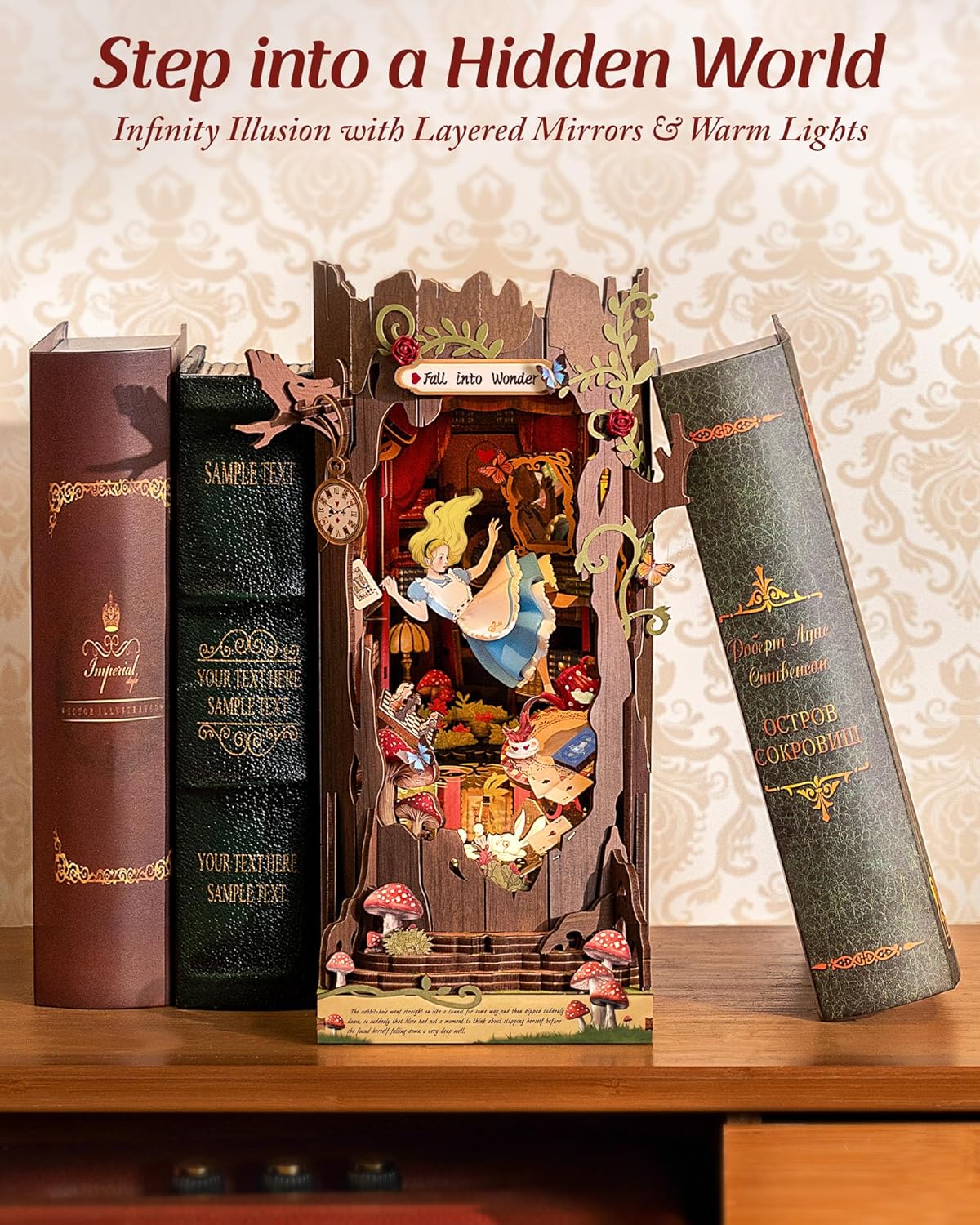 ROBOTIME Book Nook Kit, Fairy Tale Princess DIY Miniature House Kit, Fall into Wonder 3D Wooden Puzzle Bookends, Tiny House Bookshelf Decor Creative Decorative Unique Gifts for Adults & Teens