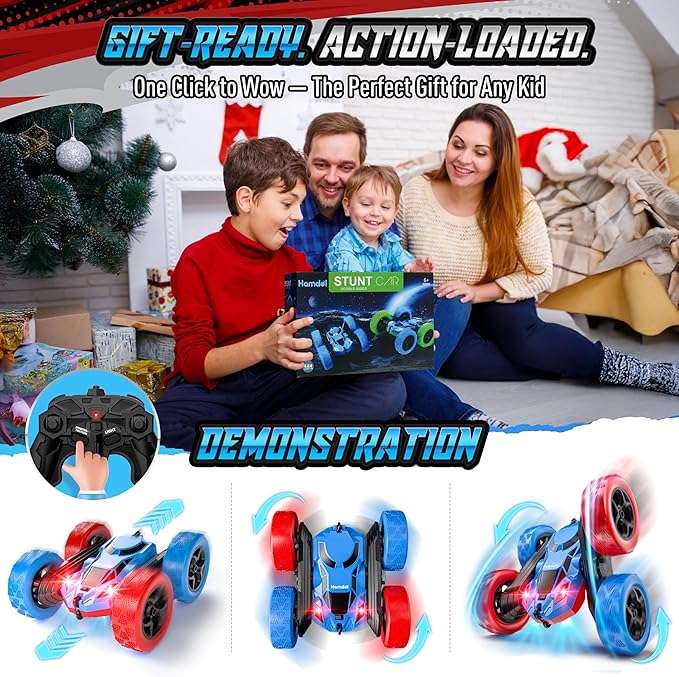 STEM Remote Control Car for Kids, 360° Spinning Double-Sided Coloured Design RC Stunt Car with LED Lights, USB-C Rechargeable Educational Toy for Boys Ages 6–12, Ideal Birthday