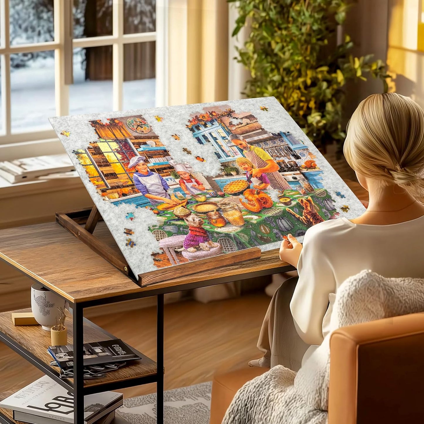 Tektalk Foldable Jigsaw Puzzle Board with 3 Angle Adjustable Bracket/Stand, Lightweight Portable Puzzle Mat Plateau with Wooden Easel, Foldaway Felt Puzzle Table, for Up to 1000 Pieces (Light Gray)