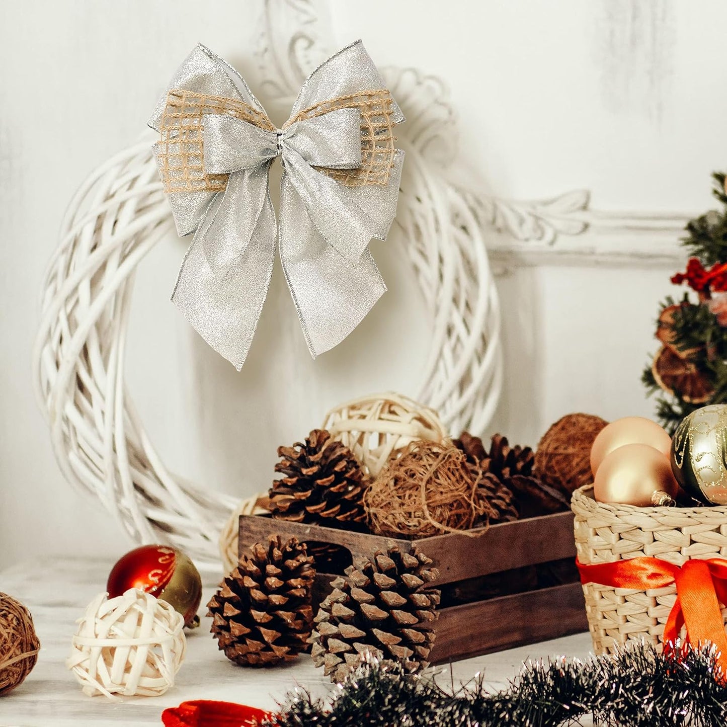 CT CRAFT LLC Glitter Wired Ribbon 2.5" x 10 Yards Silver for Christmas Home Decor Bow Gift Wrapping DIY Crafts Wreath