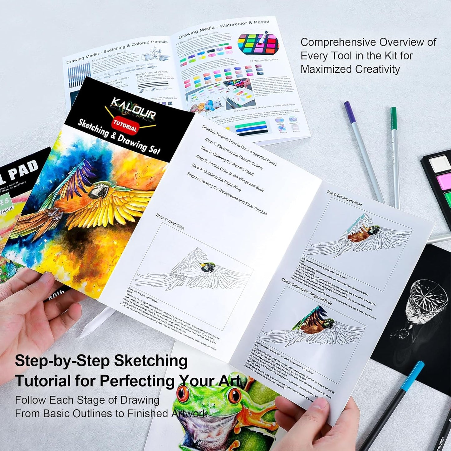 KALOUR 154PCS Artists Art Supplies - Drawing Kit with 6 Sketchbook,Tutorial,Coloring Paper - Graphite,Colored, Charcoal, Watercolor & Metallic Pencils - for Artists and Beginners