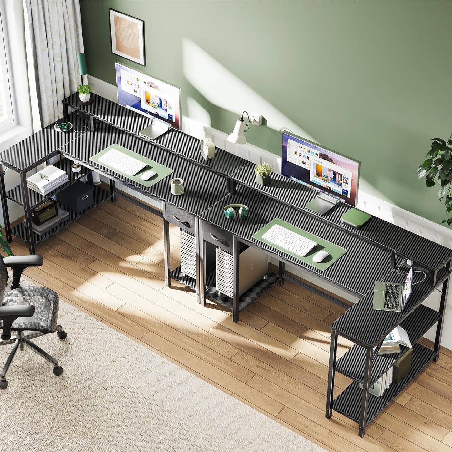 SUPERJARE 53 inch Reversible L Shaped Desk with LED Lights & Power Outlets, Computer Desk with Shelves & Monitor Stand, Gaming Desk with Drawer, Home Office Desk Corner Desk, Carbon Fiber Black