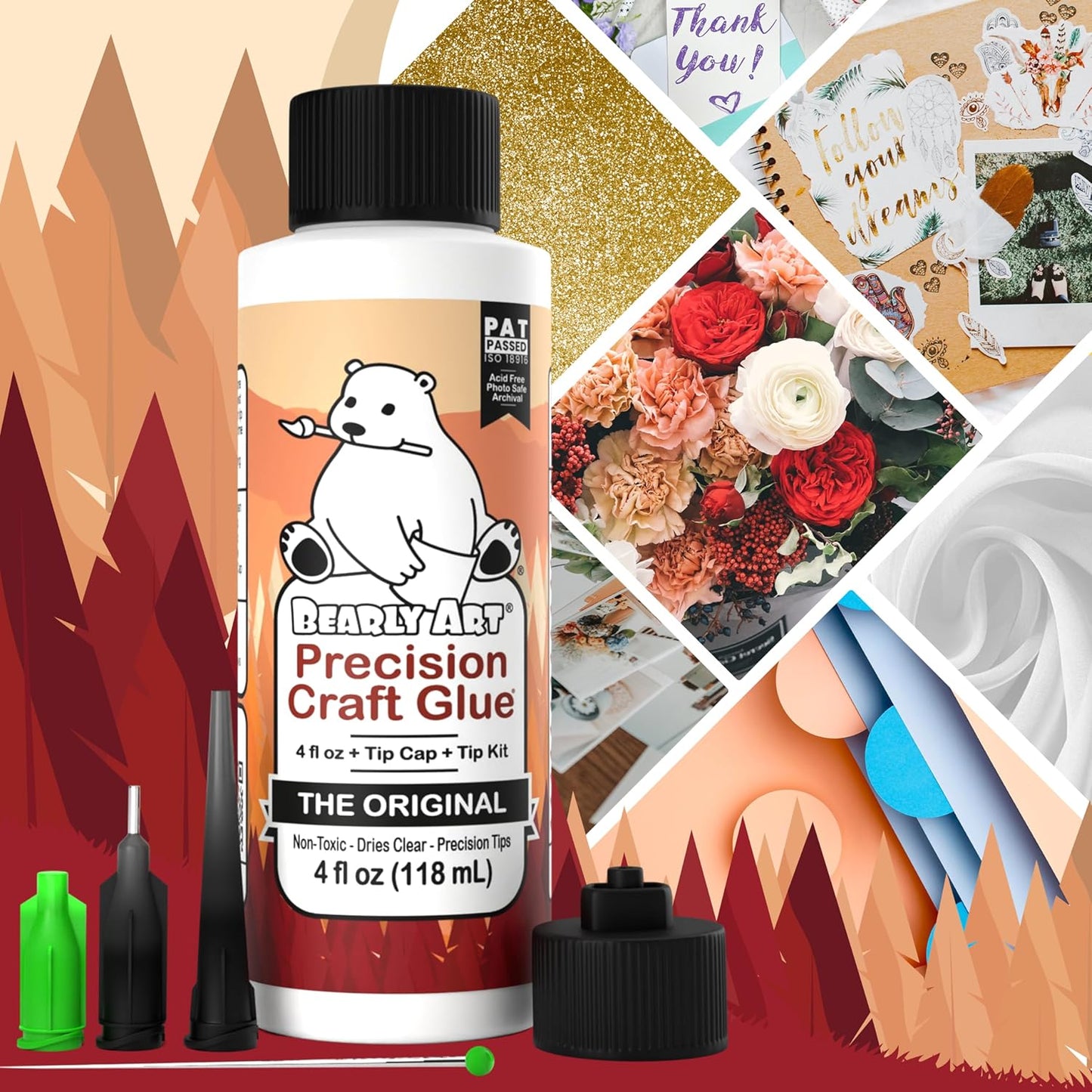 Bearly Art Precision Craft Glue - The Original - 4fl oz - Tip Kit Included - Dries Clear - Metal Tip - Wrinkle Resistant - Flexible and Crack Resistant - Strong Hold Adhesive - Made in USA