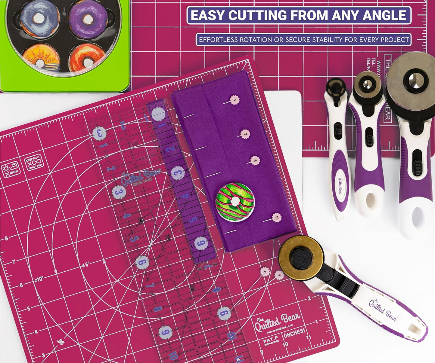 The Quilted Bear Rotating Cutting Mat 18" x 18" - Square 360° Rotating Self Healing Mat with Innovative Locking Mechanism for Quilting & Sewing Your Choice of Colours Available! (Pink)