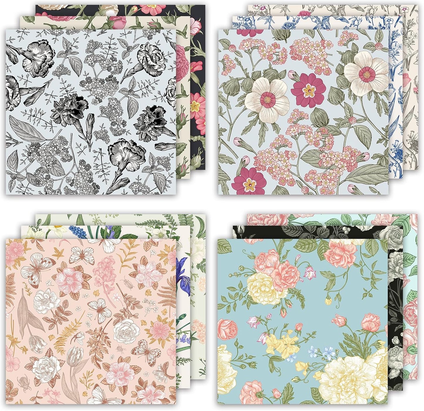 24 Sheets 12 Designs Scrapbook Paper Pad,6"×6” Single-Sided Decopodge Craft Cardstock Paper, Christmas Scrapbooking DIY Decorative Background Cardmaking Supplies.Flowers