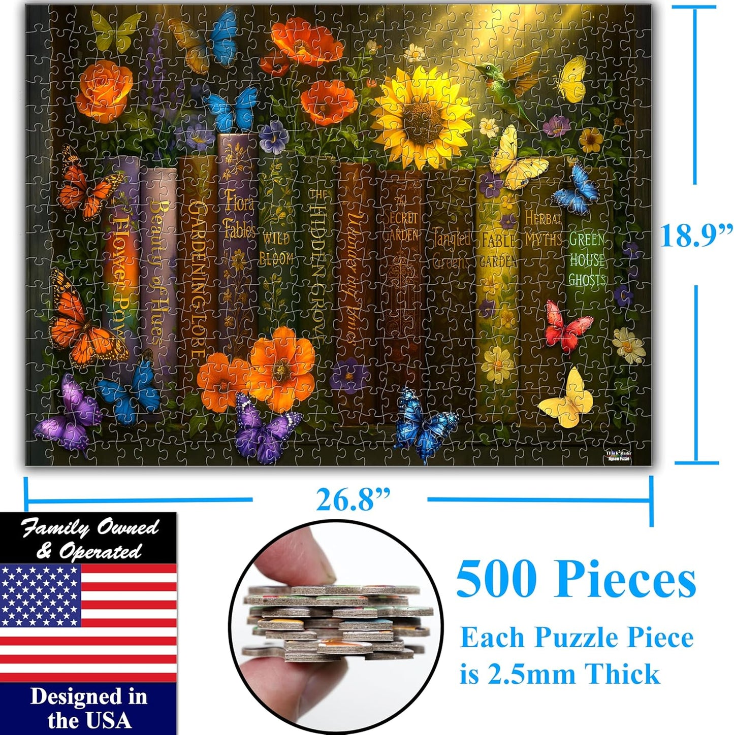 Think2Master Enchanted Library 500 pieces Large Format Jigsaw Puzzle: kids 12+, teens, adults & families. Magical Bookshelf with Butterflies & Flowers Botanical Garden. Great gift. Size: 26.8” X 18.9”