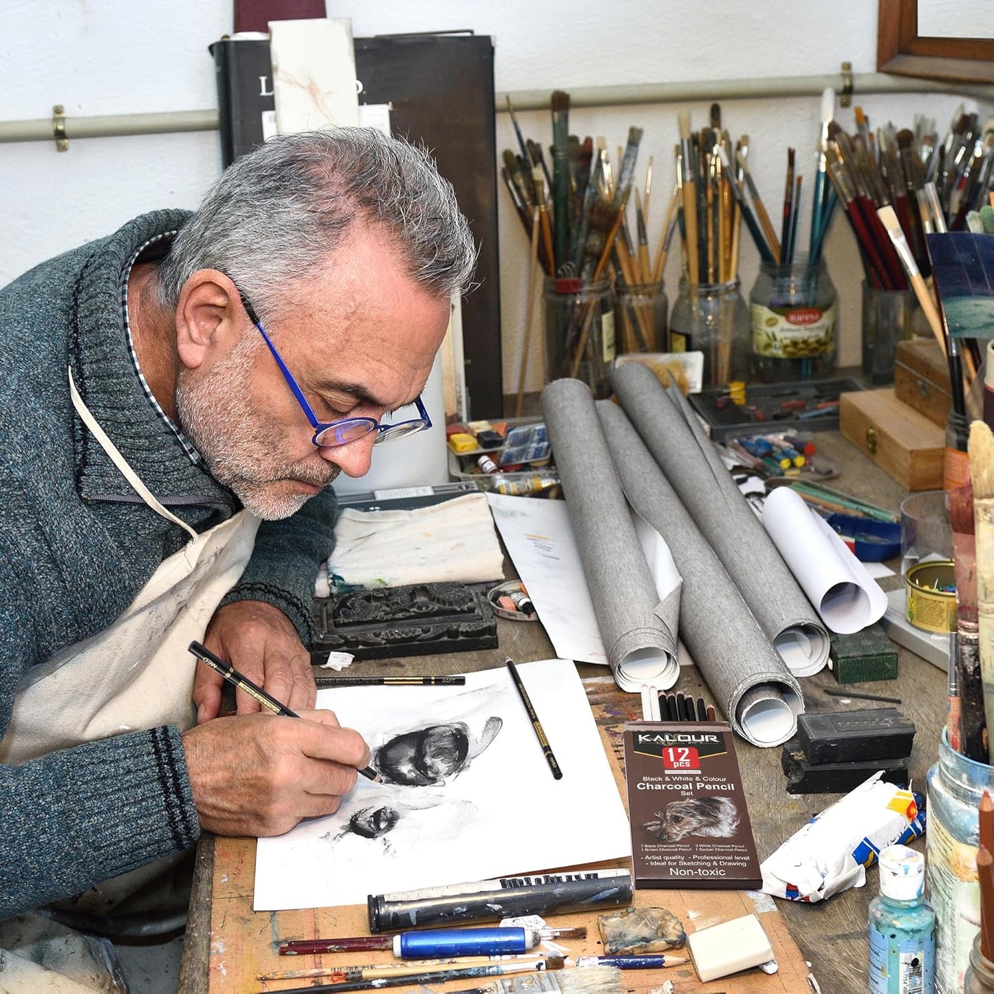 KALOUR Pro Colored Charcoal Drawing Set,12 Pieces Pastel Chalk Pencils for Sketching, Shading, Blending, Portrait, Black White Charcoal for Beginners & Artists