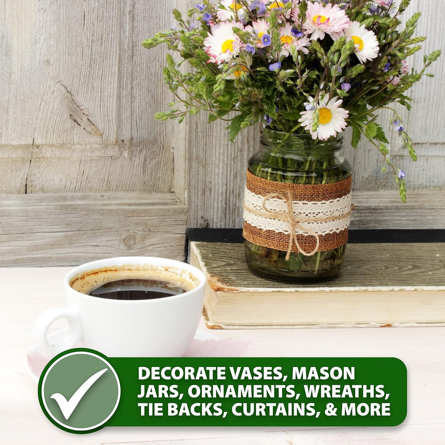 Mandala Crafts Burlap and Lace Ribbon 1 Inch Wide Jute Ribbons for Crafts - 20 Yds Roll Rustic Burlap Wrap Trim Ribbons for Wreaths Bows Wedding Party