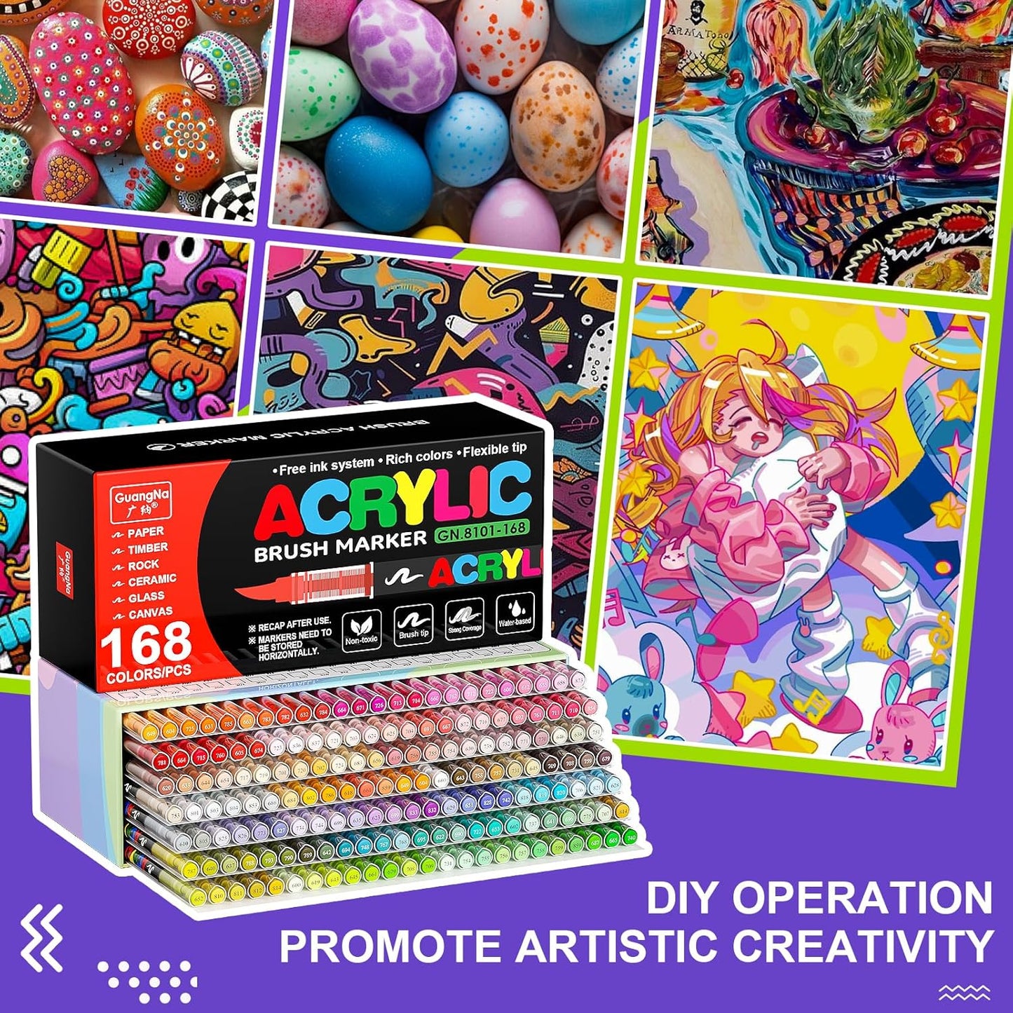 DICEKOO 168 Colors Acrylic Paint Markers, Soft Brush Tip Pens with Automatic Ink Control System, Waterproof, Quick-Drying, Lightfast, for Rock Painting, Canvas, Wood, Egg & DIY Crafts Art Supplies