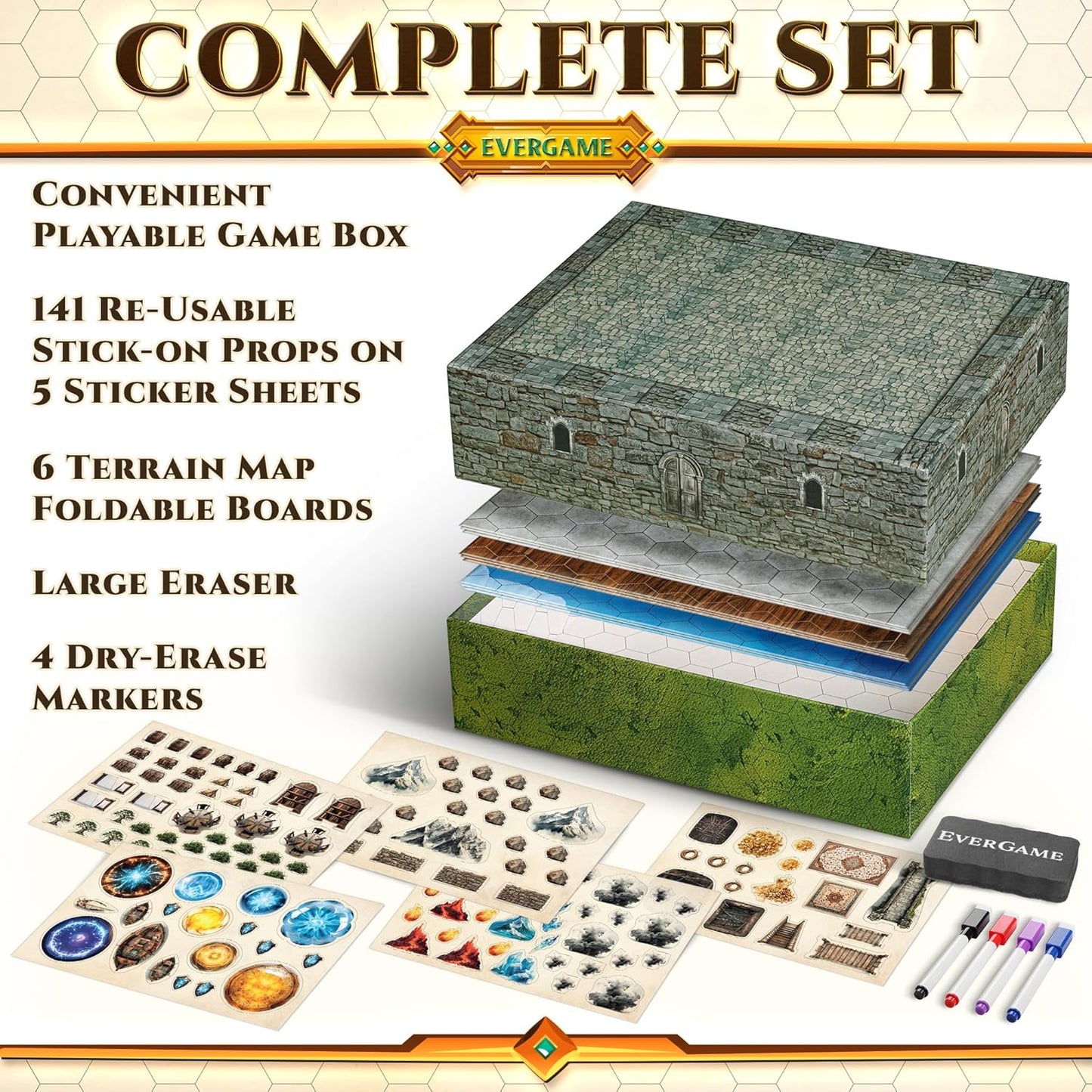 10 DND Game Mats and a lot More - Includes 6 Dungeons & Dragons Board Game Battle Maps (1" Hex Grid), Huge Size 22x26-4 3D Battle Arenas, 140+ Reusable Stickers, 4 Markers & Eraser, by EverGame