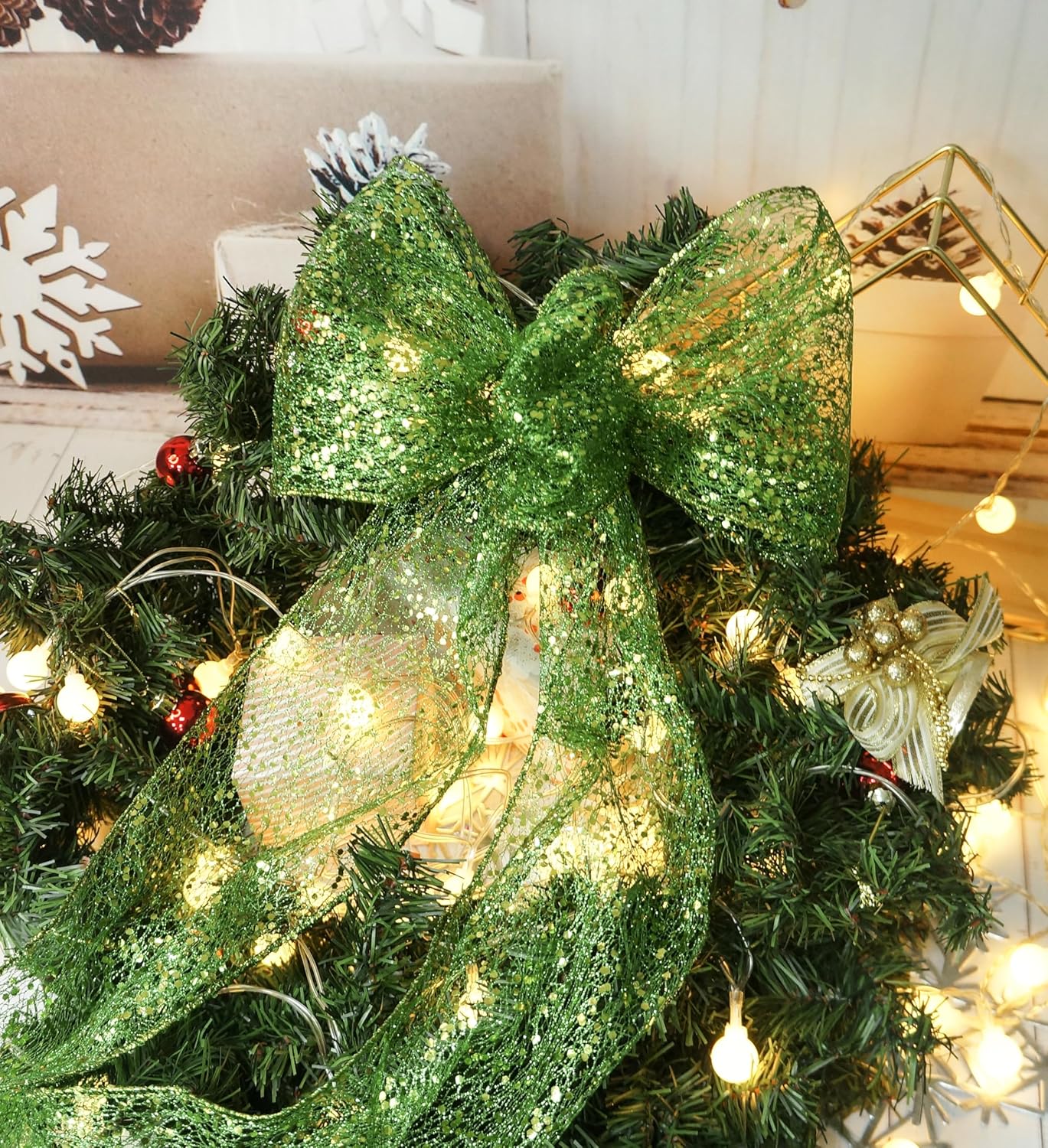 CT CRAFT LLC Sparkling Glitter Mesh Wired Ribbon 6" x 10 Yards Green for Christmas Home Decor Bow Gift Wrapping DIY Crafts Wreath