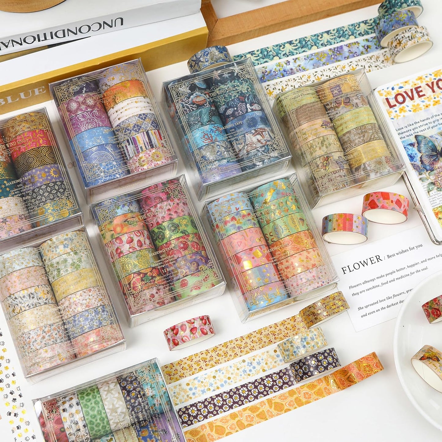 12 Rolls Charming Washi Tape Set Gold Silver Foil Detailing Arts Adhesive Tapes Basic Patterns Decorative Masking Tape Sets for Craft, Kids, Scrapbook, DIY, Gift Wrapping (Royal Splendor)