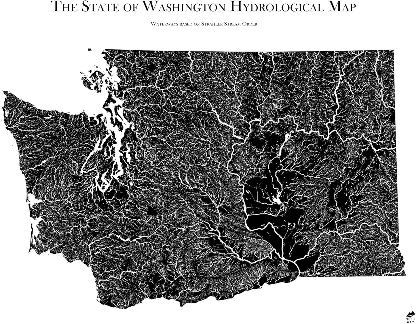 Muir Way Hydrological River Map of Washington - Watershed Topographic Wall Art for Home, Office, or Travel Decor - Unframed Flat Paper Print, 24x30