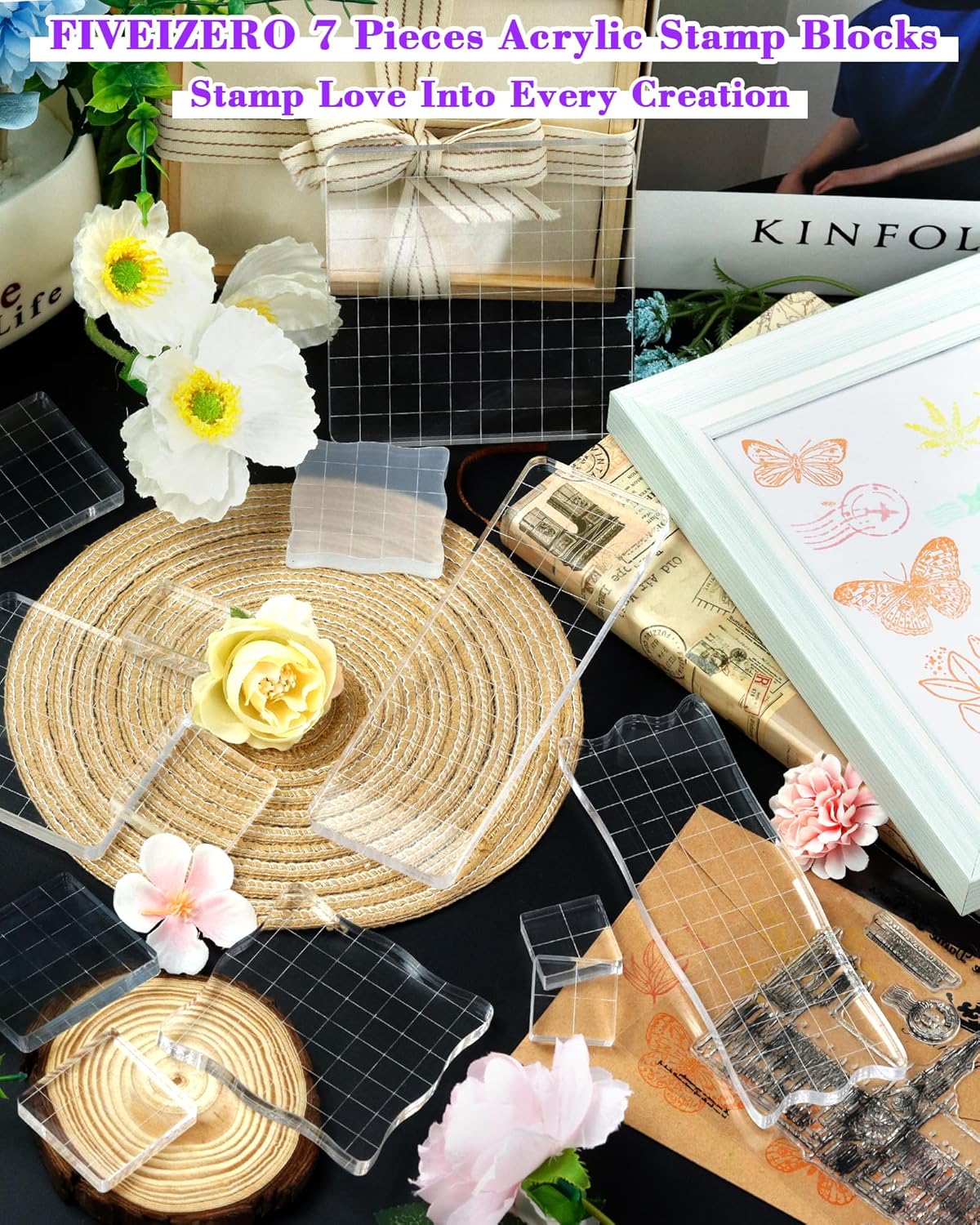 7 Pieces FIVEIZERO Acrylic Stamp Block, Assorted Sizes Clear Stamping Blocks Tools with Grid Lines for Scrapbooking Crafts Card Making and Decorative DIY Essential Stamping Tool(Straight Edge)