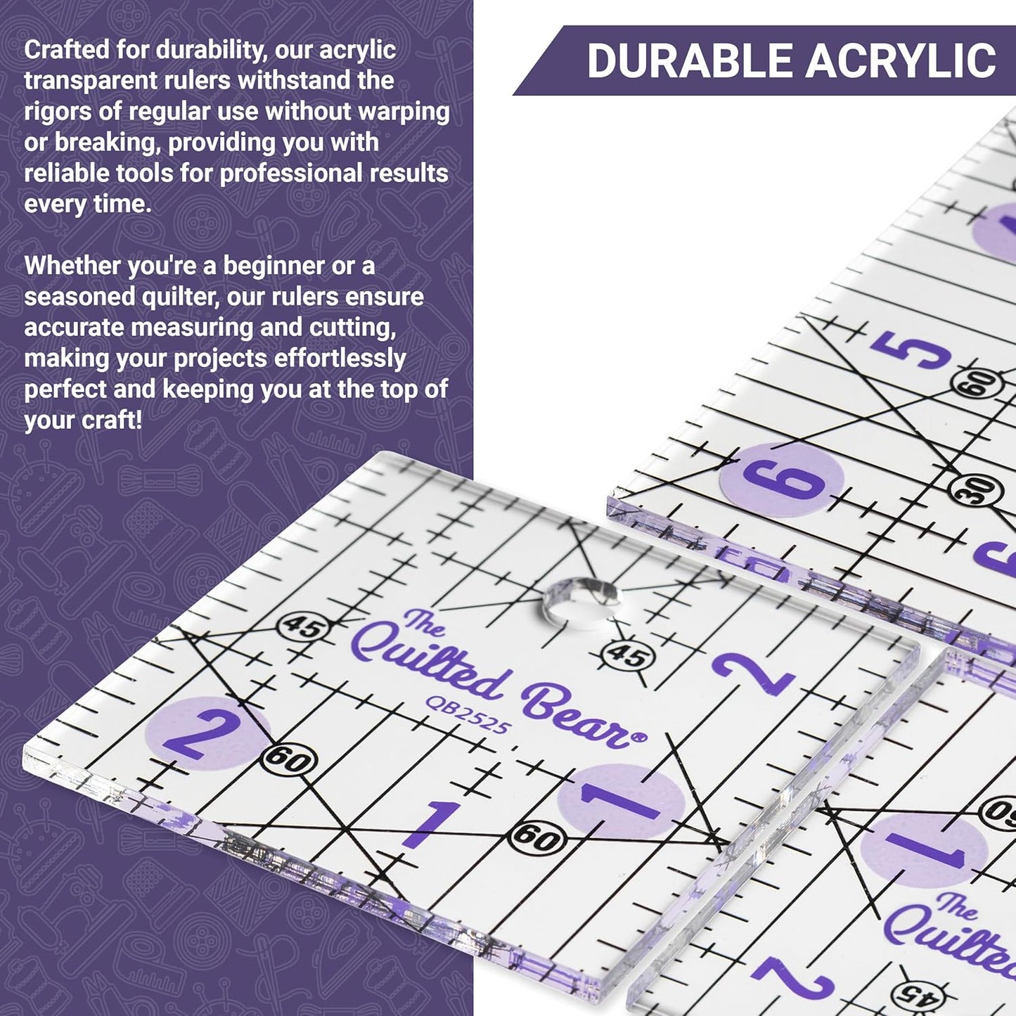 The Quilted Bear Quilting Rulers - Transparent Acrylic Non Slip Quilting, Patchwork & Sewing Ruler with Clear Black Lines & 30, 45 & 60 Degree Angles for Perfect Accuracy & Precision (5" x 5")