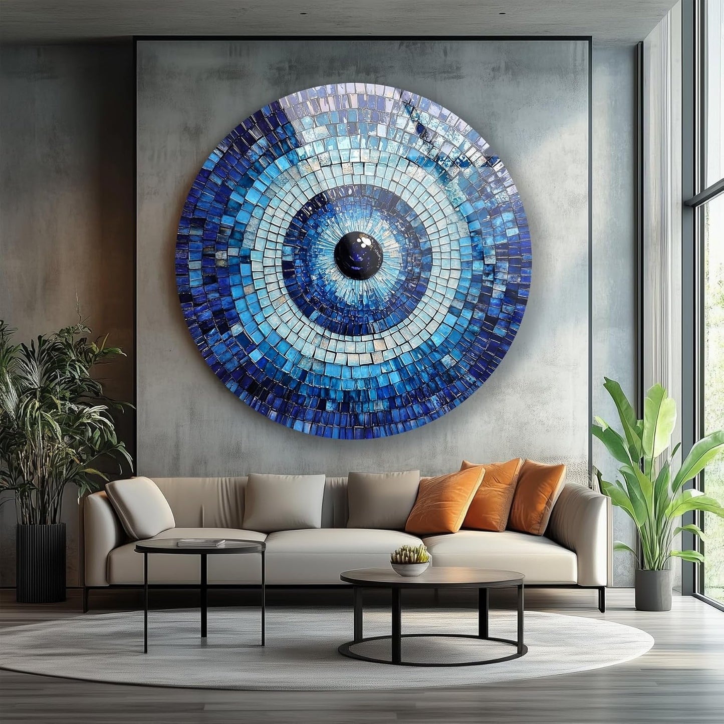 My Photostation.com 27.5''(70cm) Diameter Blue Mosaic Evil Eye Round Glass Wall Art Tempered Glass Printing Wall Decor Large Wall Art Wall Hangings