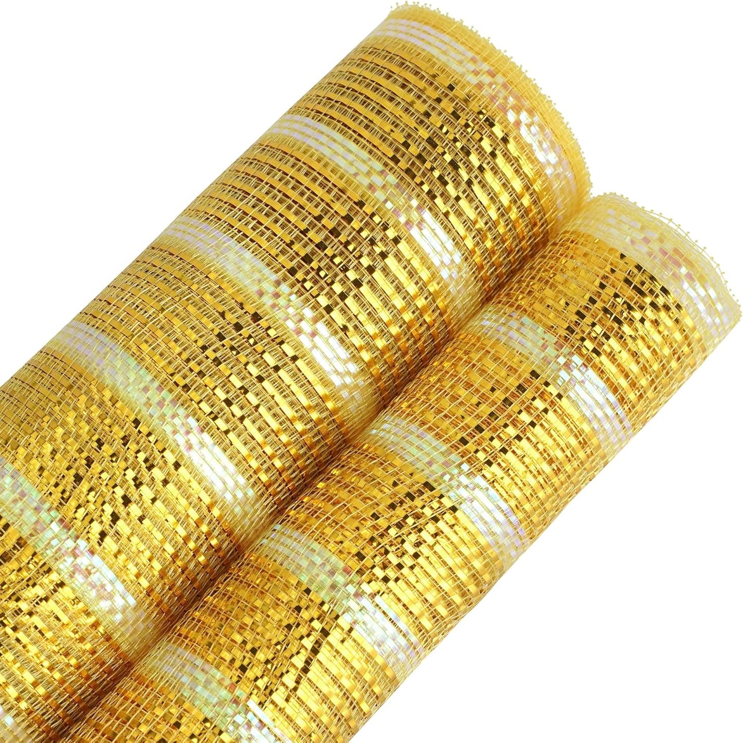 MEEDEE Gold Deco Mesh 10 Inch Deluxe Wide Foil & Iridescent Metallic Stripe Mesh Ribbon for Wreaths, Christmas Tree, Garland, Gift Wrapping, Bows Making (30 Feet)