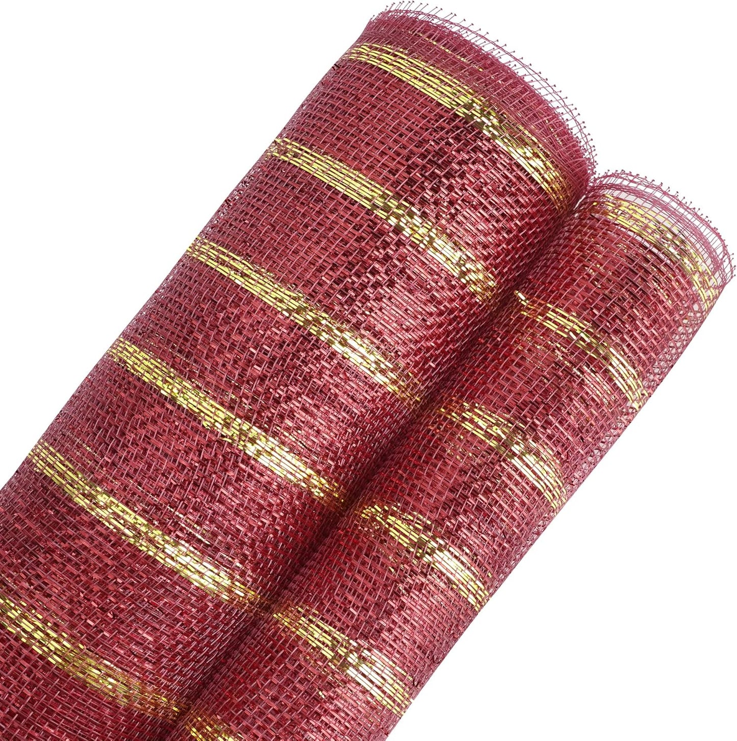 MEEDEE Burgundy and Gold Deco Mesh 10 Inch Metallic Striped Deco Mesh Christmas Mesh Ribbon for Christmas Tree, Wreaths, Garland, Gift Wrapping, Bows Making (30 Feet)