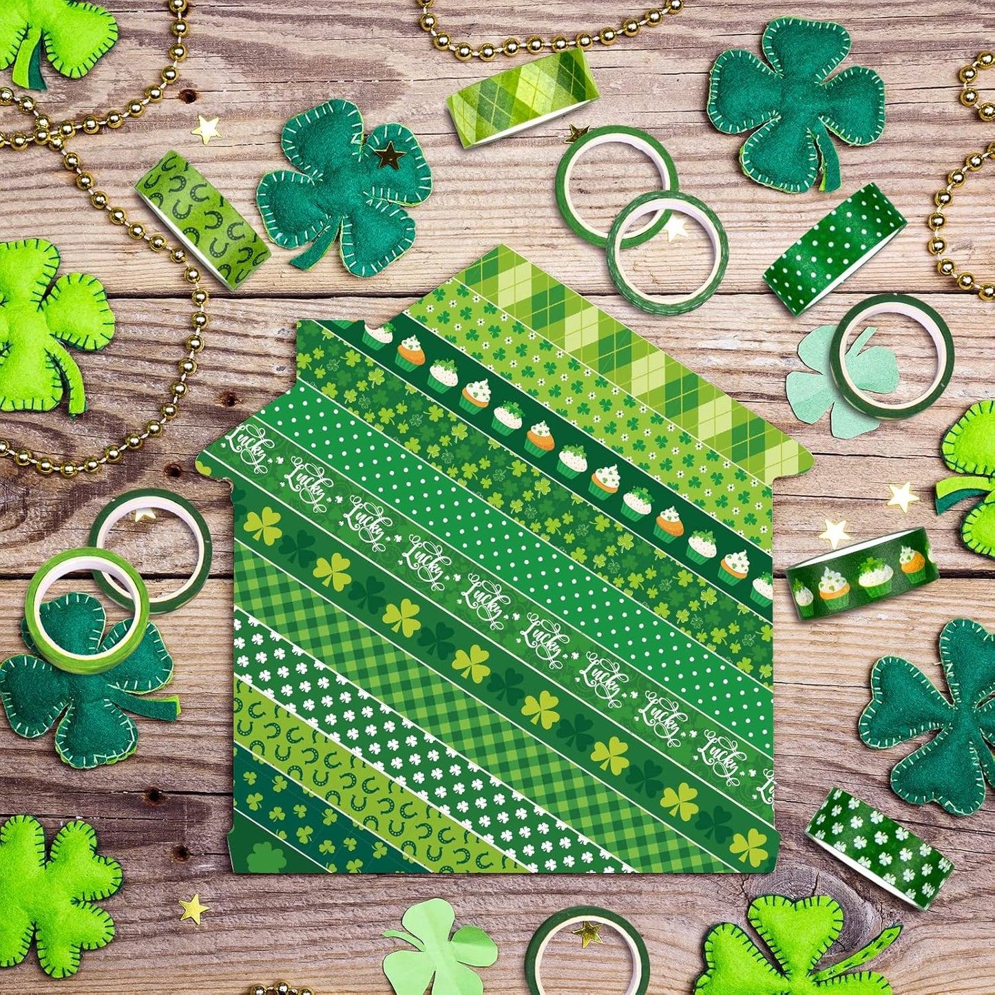 Whaline 12 Rolls St. Patrick's Day Washi Tape Green Shamrock Washi Masking Tape 15mm Clover Plaids Lucky Holiday Paper Tape Sticker for Irish Party Scrapbook Gift Packing DIY Craft Decor, 16.4Ft
