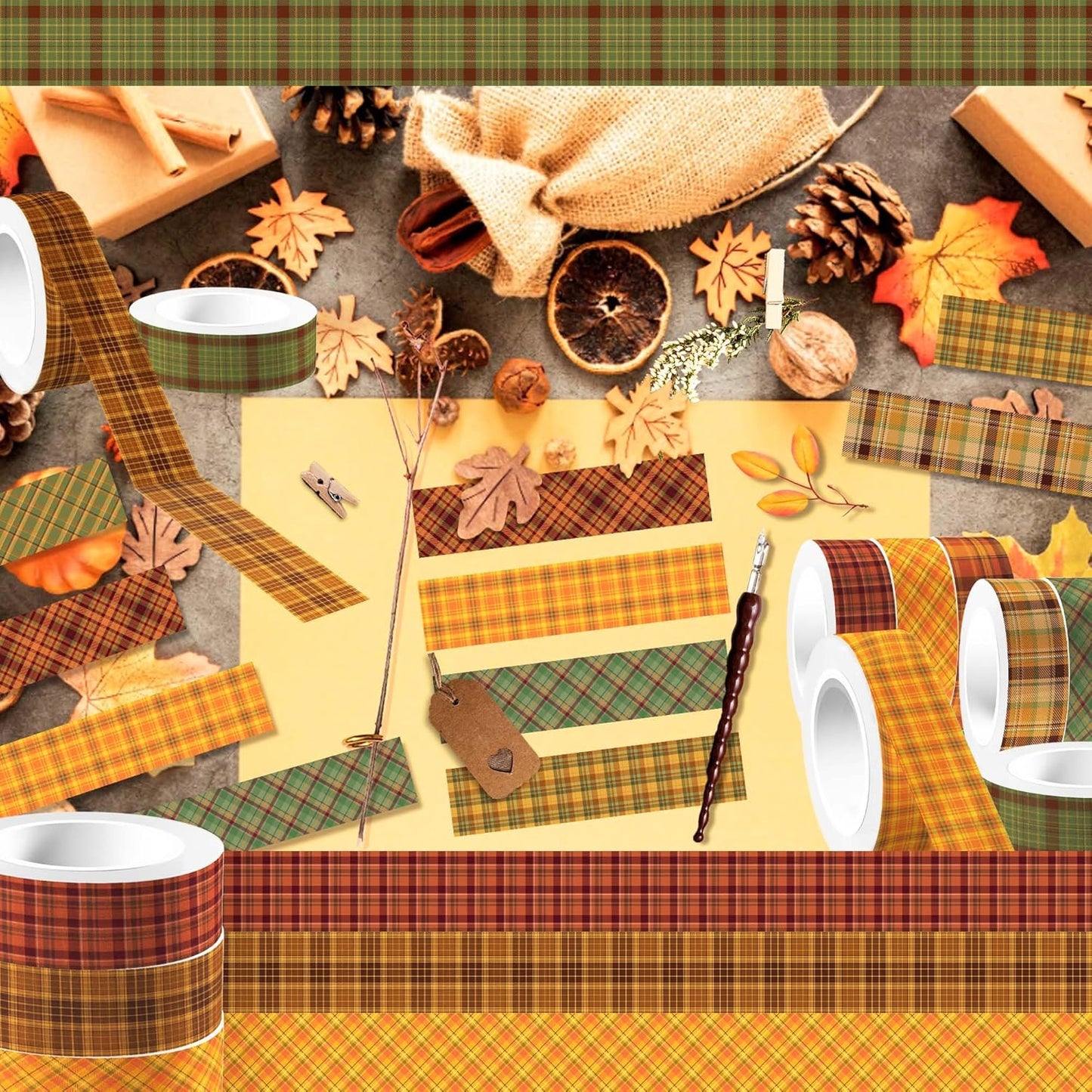 12 Pcs Thanksgiving Washi Tape Plaid Pattern Masking Tape Decorations Thanksgiving Decorative Paper Sticker for Vintage Journals, Planners, DIY Craft Gift Wrapping