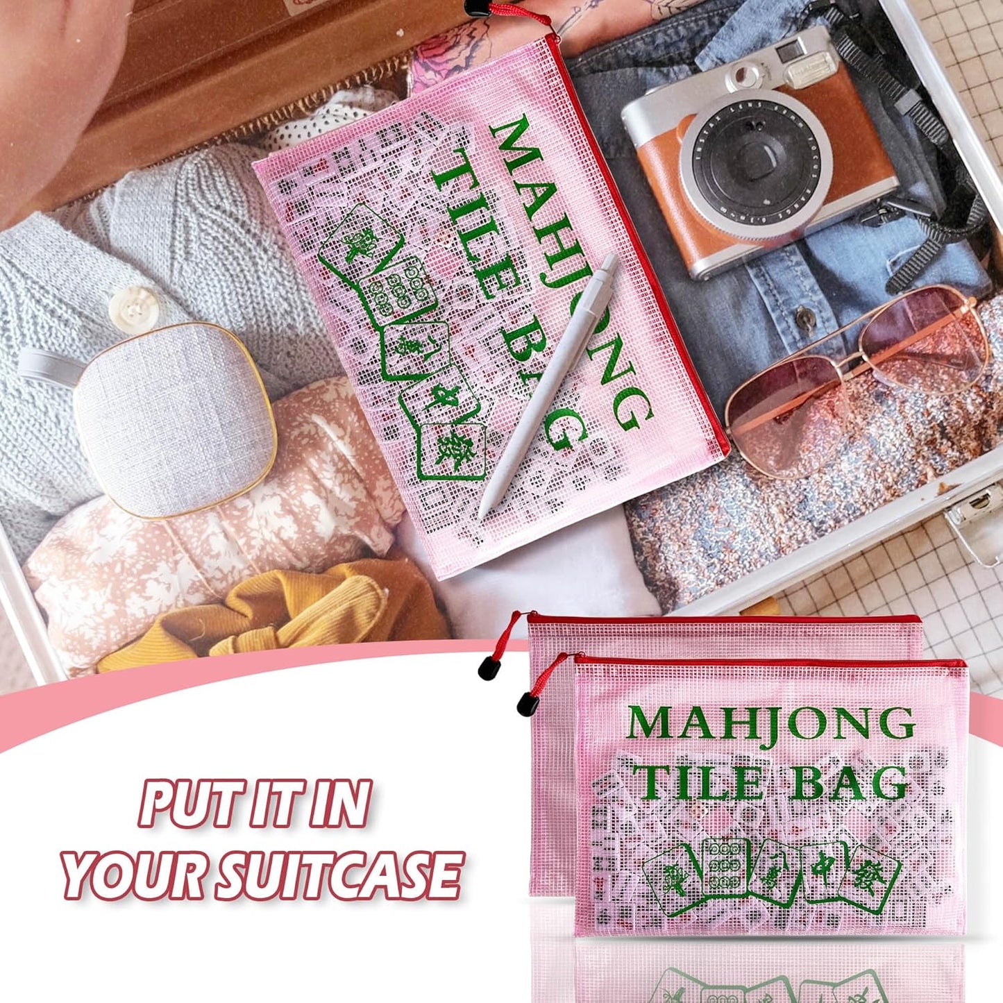 2Pack Mahjong Tile Bag, Case for American Mah Jong Set, Mahjong Gifts Accessories, Portable Card Holder Bouch, Red (Case Only)