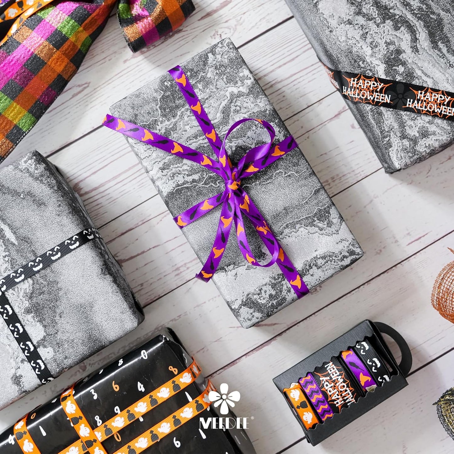 MEEDEE 3/8 inch 1 inch Halloween Ribbon Set Spooky October Ribbon Assortment 5 Rolls 10 Yards Halloween Crafts, Fall Gift Wrap, Party Decorations, Autumn Wreaths, Trim Bundle, Wreath Bow Supplies