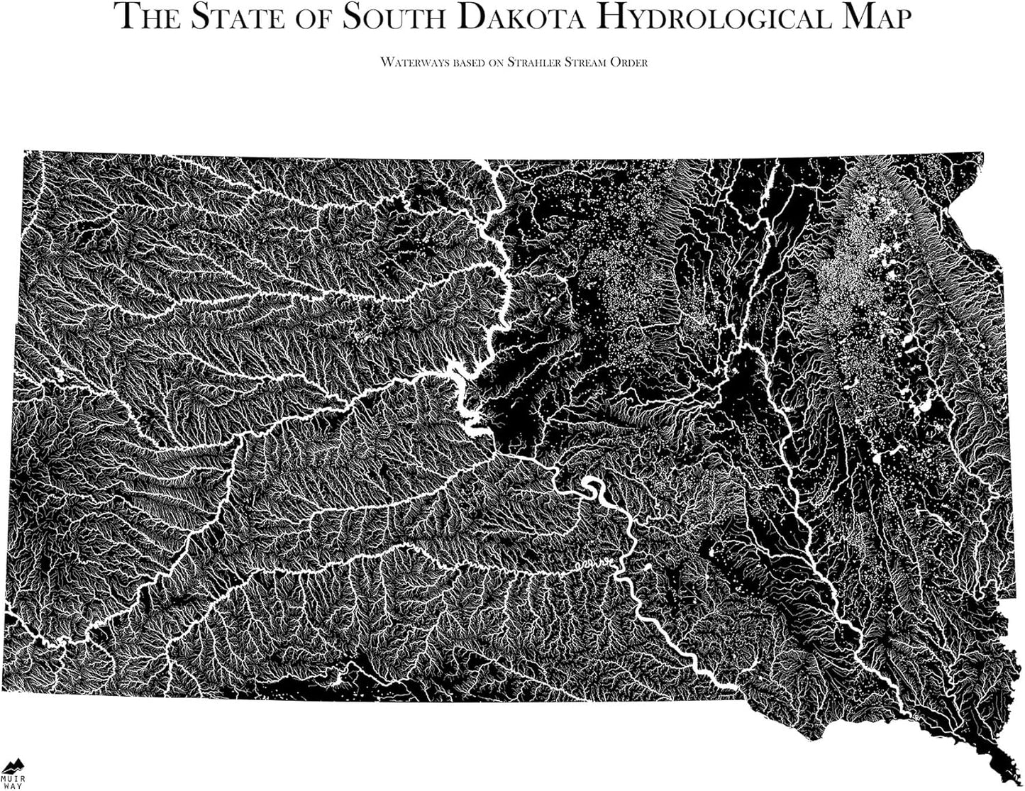 Muir Way Hydrological River Map of South Dakota - Watershed Topographic Wall Art for Home, Office, or Travel Decor - Unframed Flat Paper Print, 18x24