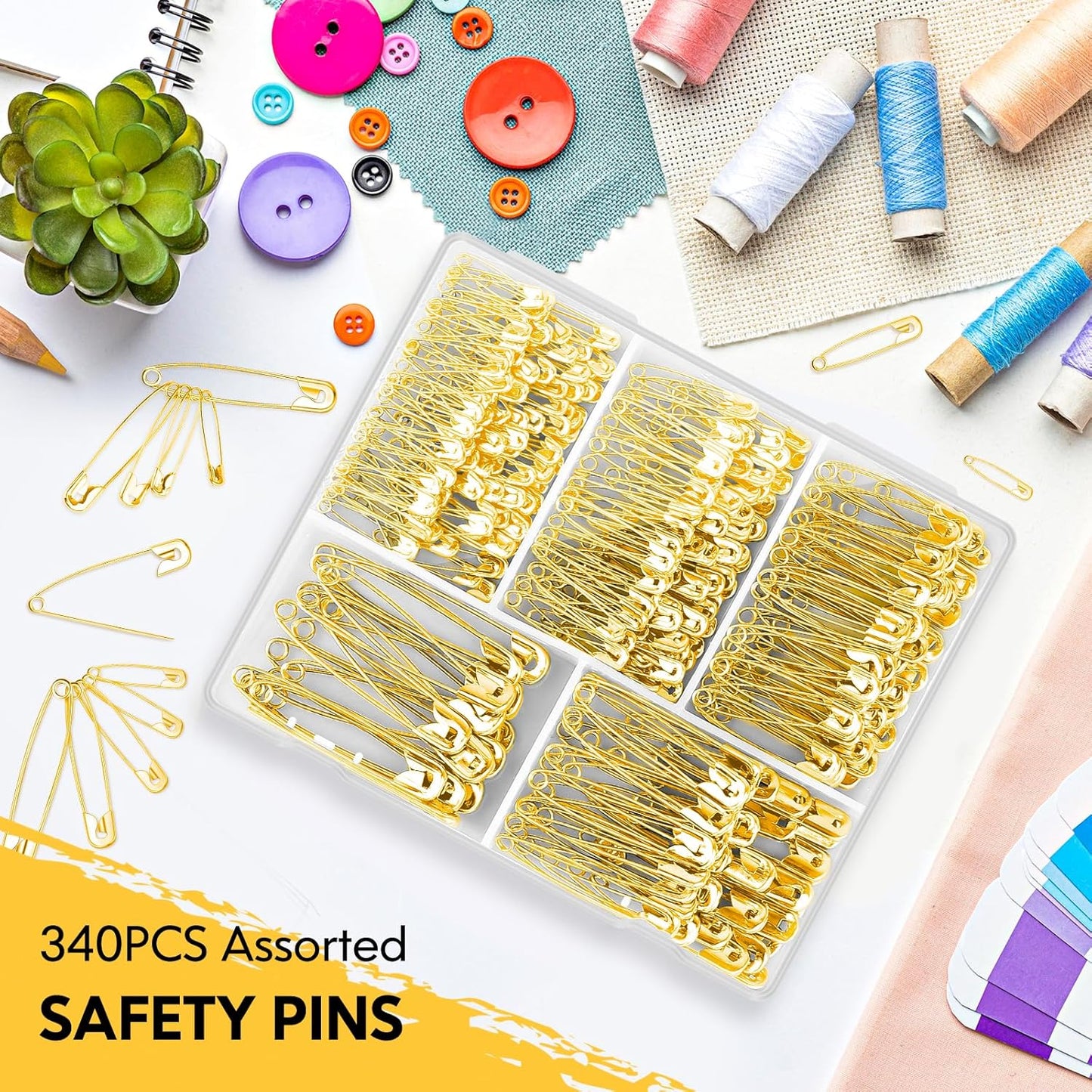 Safety Pins Assorted, 340 Pack 5 Different Sizes Small and Large Safety Pin for Clothes Costume Sewing, Nickel Plated Steel, Arts and Crafts Supplies, Gold