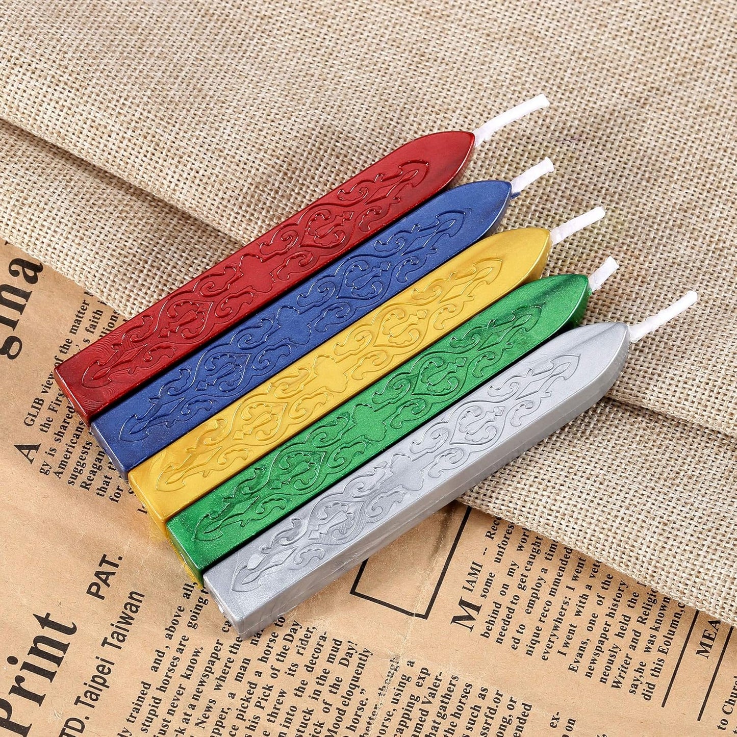 Yoption 5 Colors Sealing Wax Sticks, Vintage Totem Fire Manuscript Wax Seal Sticks with Wicks for Wax Seal Stamp (Gold+Silve+Red+Green+Blue)