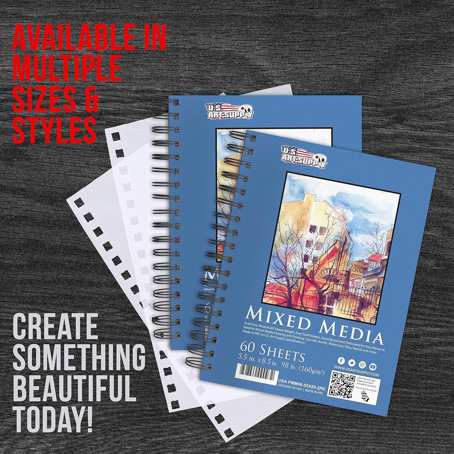 U.S. Art Supply 5.5"x8.5" Mixed Media Sketchbook, 2 Pack (60 Sheets), 98 lb (160 GSM) - Spiral-Bound Pad with Perforated Acid-Free Paper - Artist Sketch Book for Drawing, Painting, Watercolor