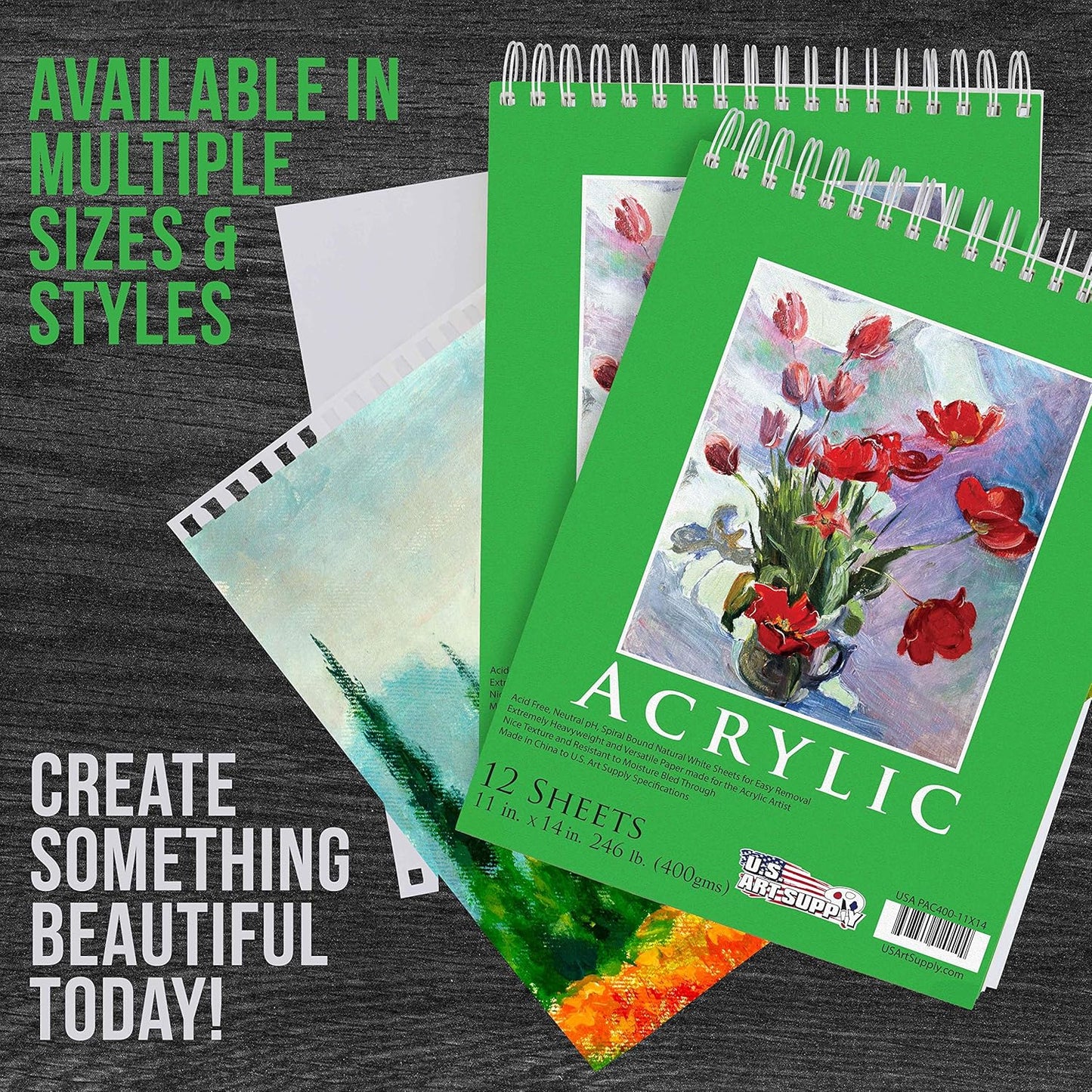 U.S. Art Supply 9x12 Premium Heavy-Weight Acrylic Painting Paper Pad, 246lb (400gsm), 2 Pack, 12 Sheets, Spiral Bound, for Acrylic Paint