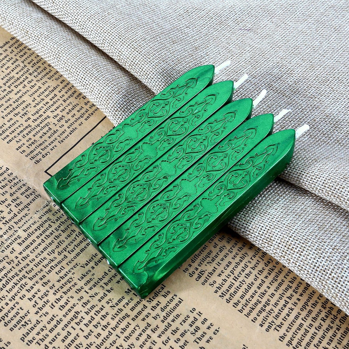 Metallic Green Sealing Wax Sticks, Yoption 5 Pcs Totem Fire Manuscript Wax Seal Sticks with Wicks for Wax Seal Stamp (Metallic Green)