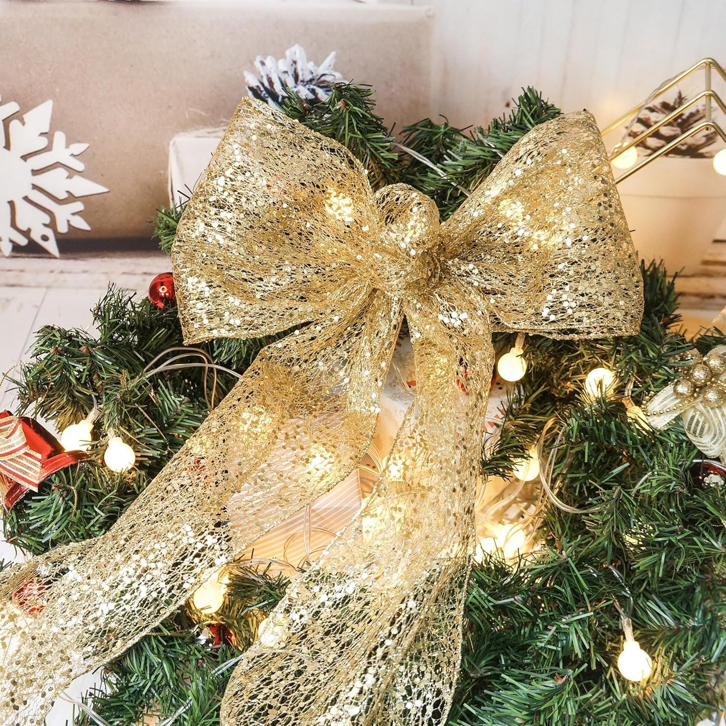 CT CRAFT LLC Sparkling Glitter Mesh Wired Ribbon 6" x 10 Yards Gold for Christmas Home Decor Bow Gift Wrapping DIY Crafts Wreath